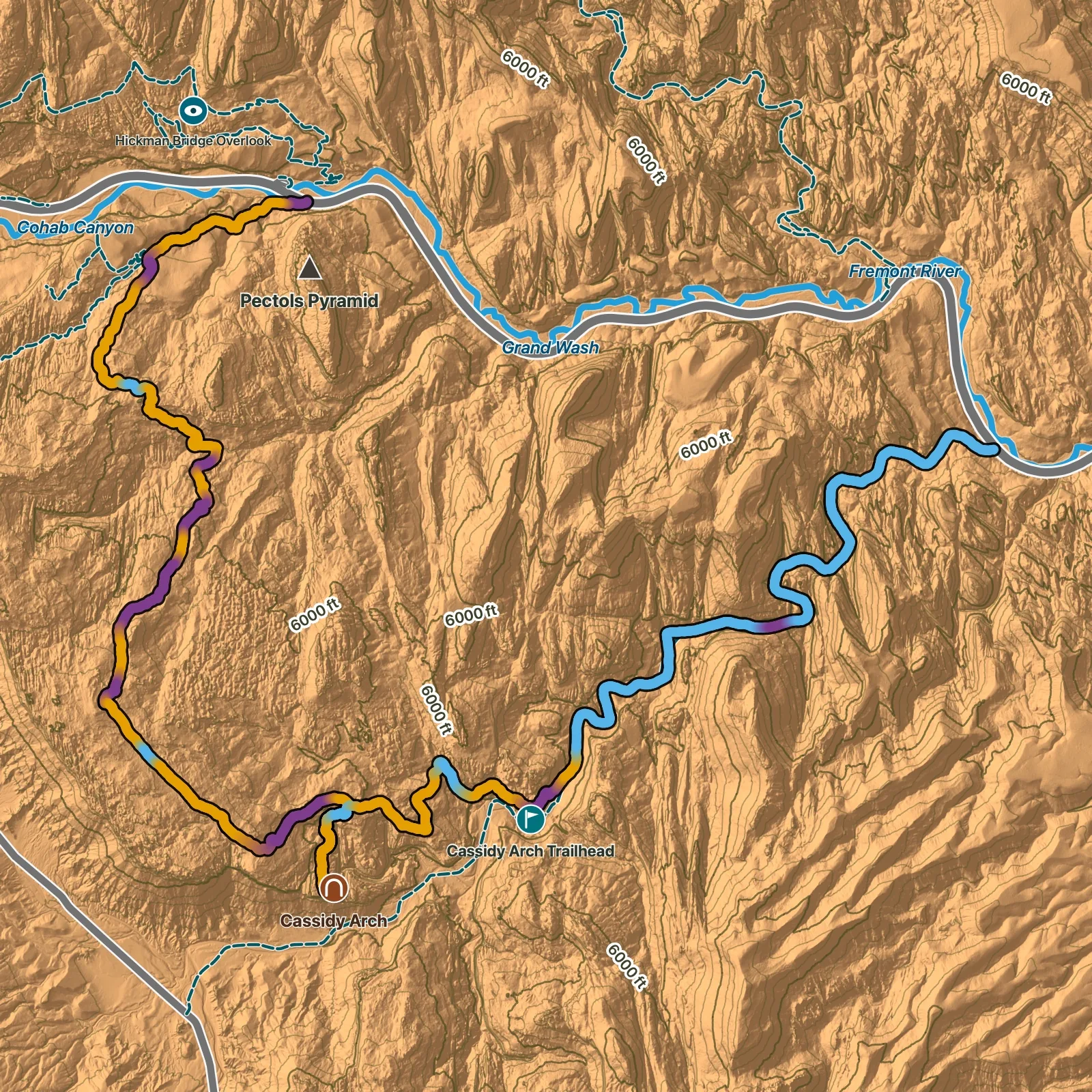 Terrain map of Frying Pan and Grand Wash Traverse in Capitol Reef National Park