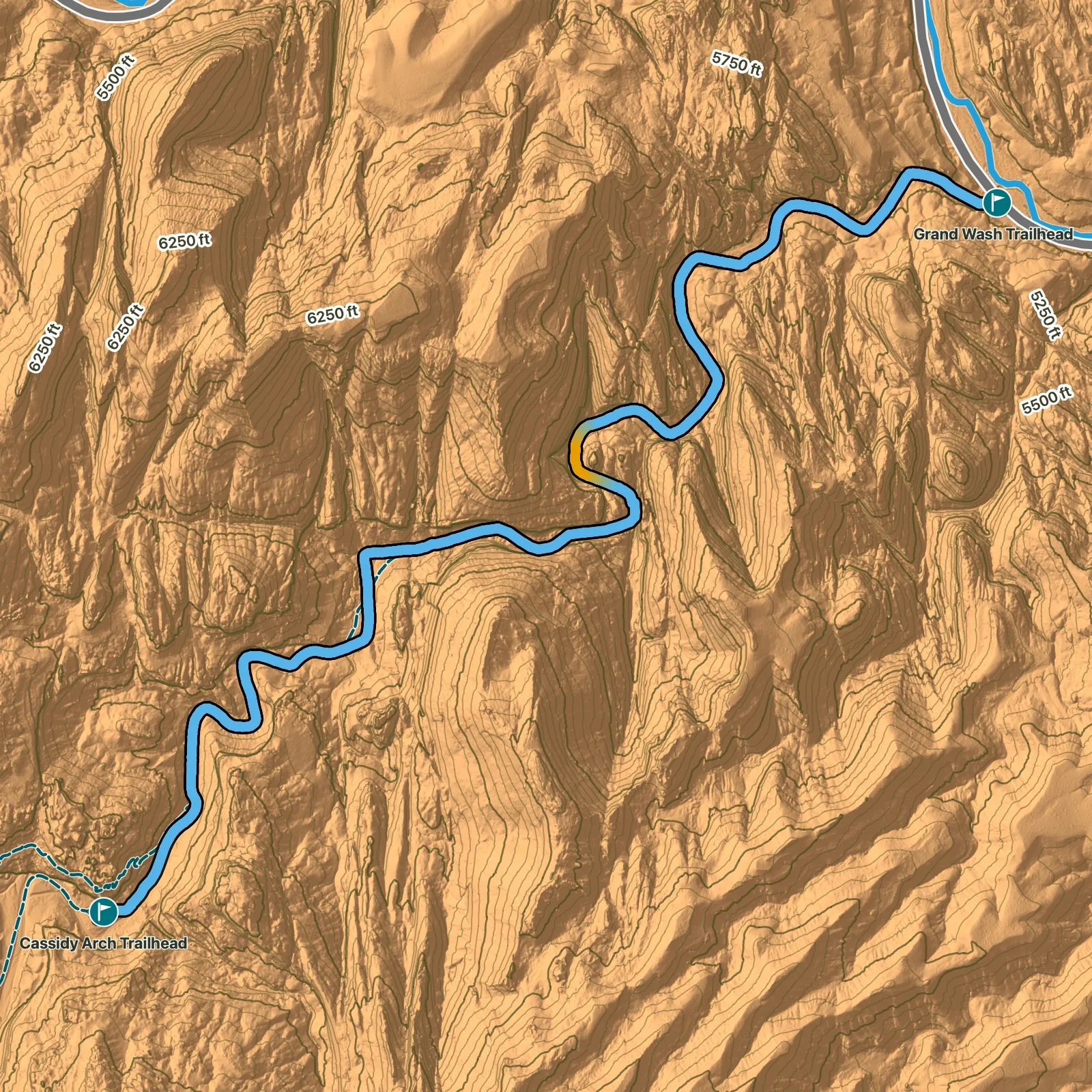 Terrain map of Grand Wash from Highway 24 in Capitol Reef National Park