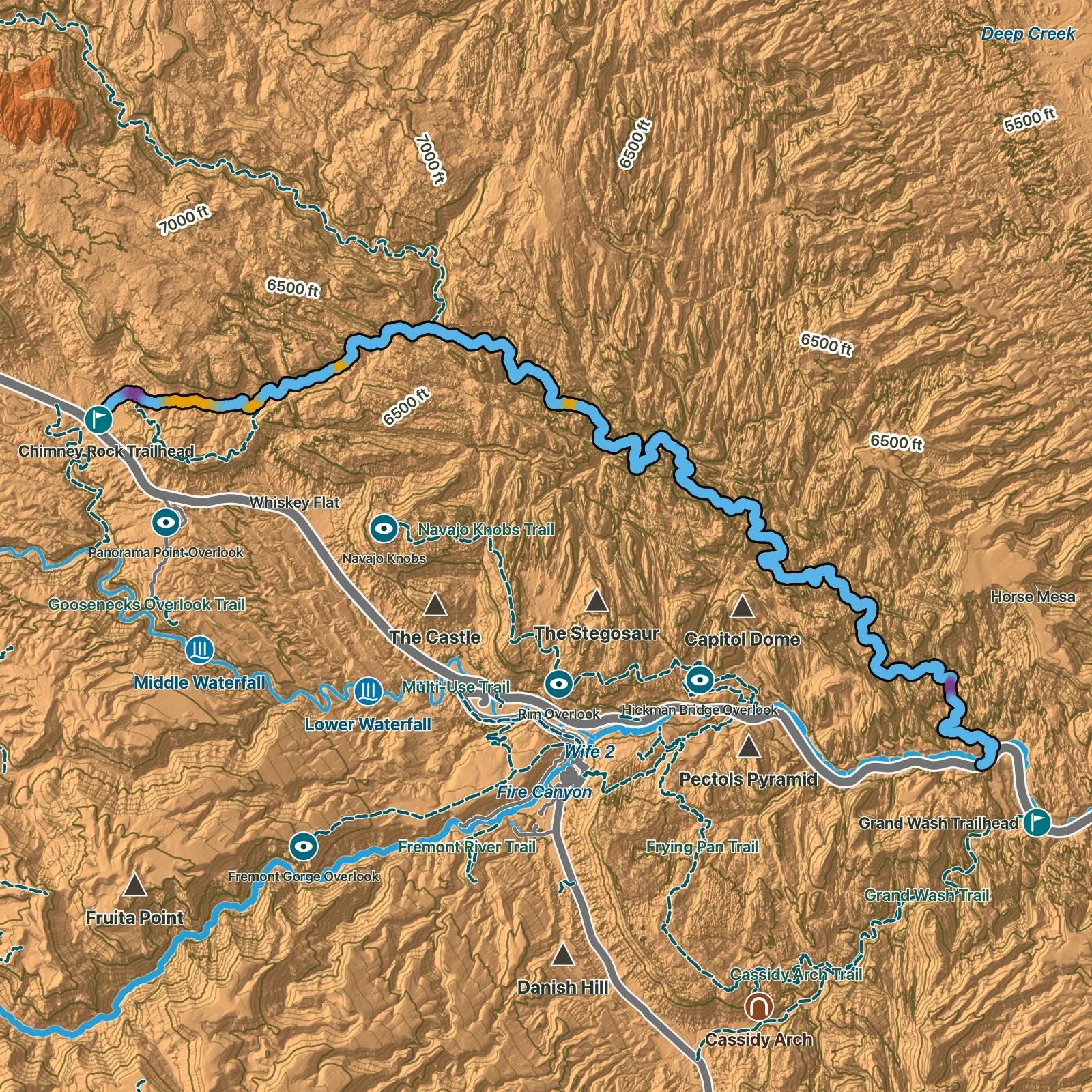 Terrain map of Lower Spring Canyon in Capitol Reef National Park
