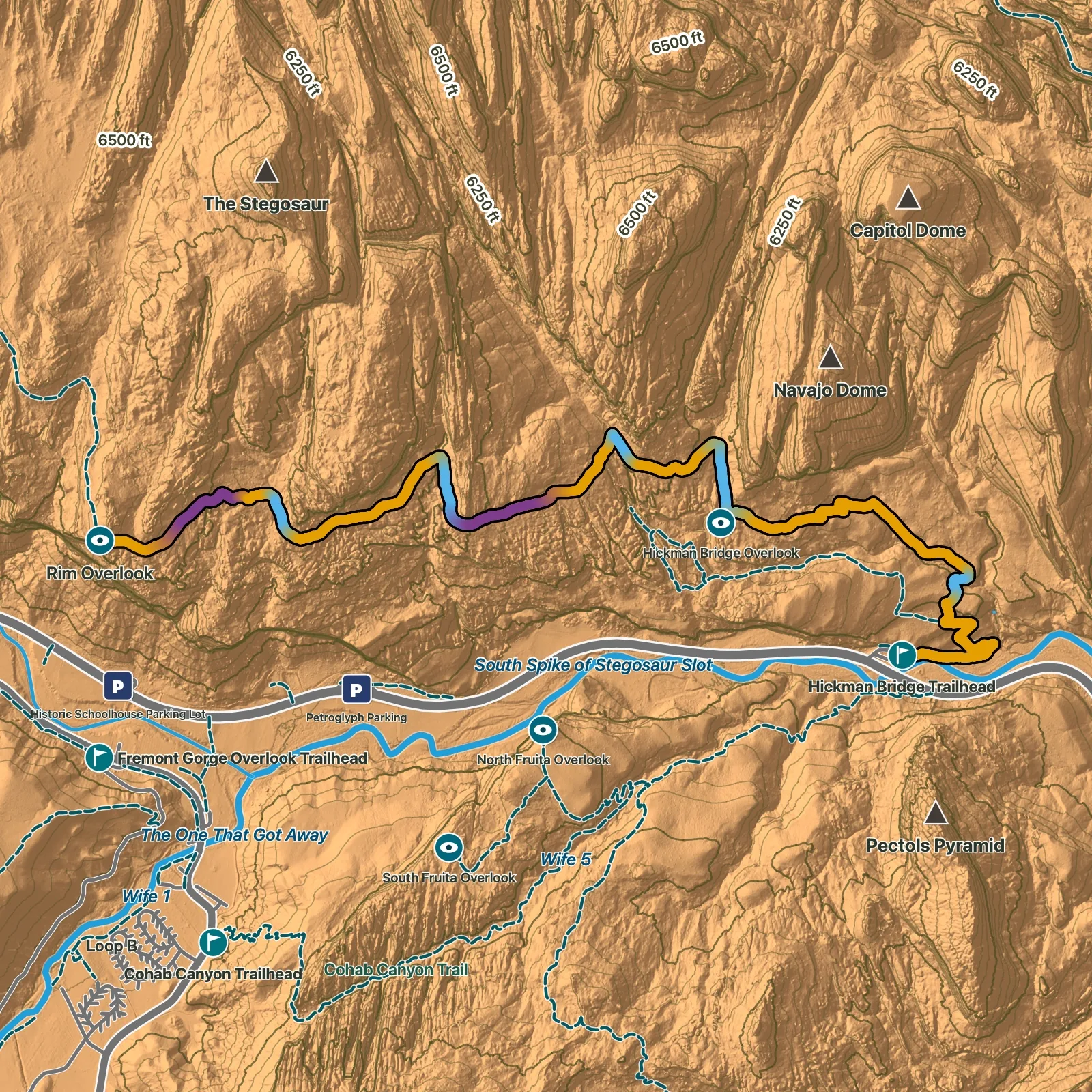 Terrain map of Rim Overlook Trail in Capitol Reef National Park