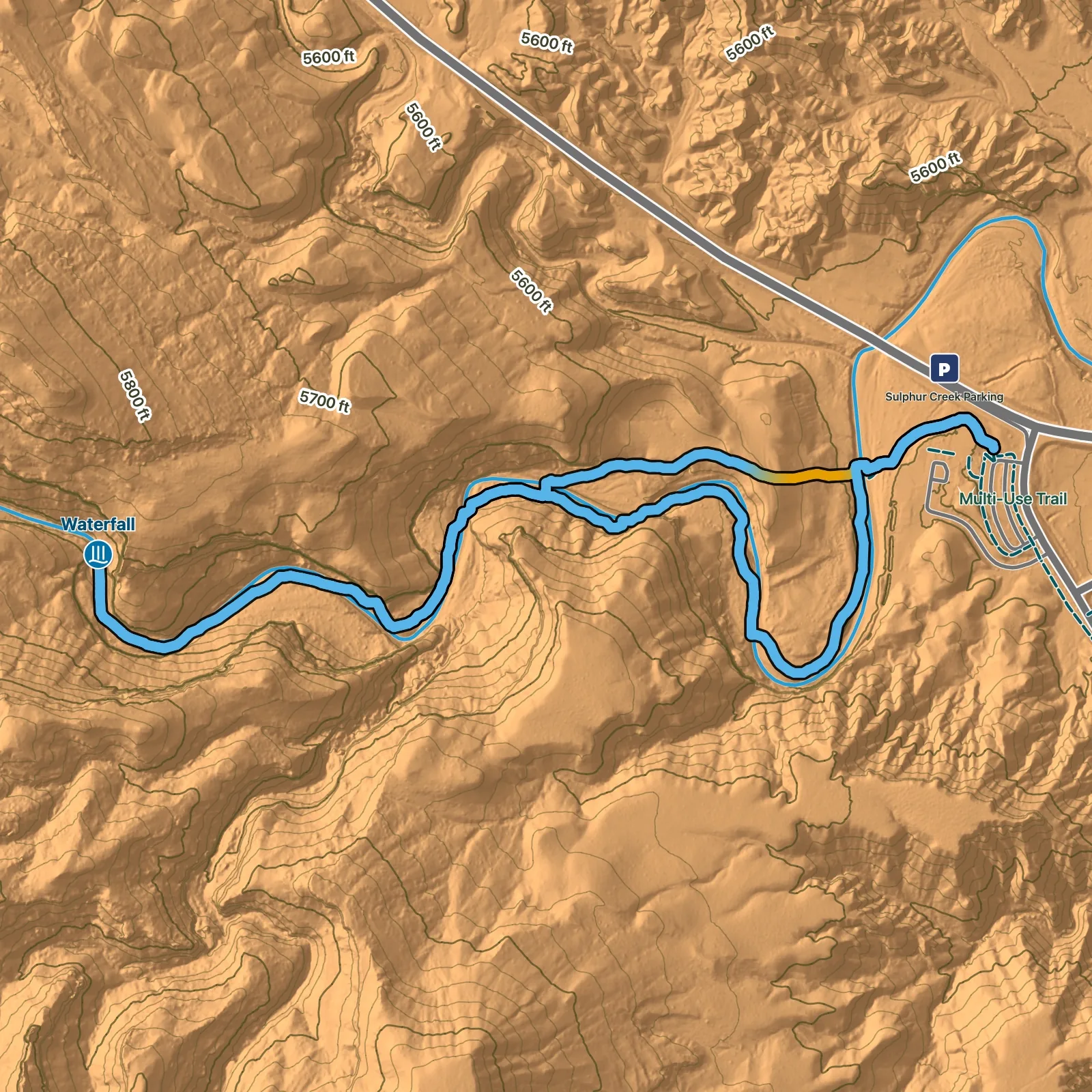 Terrain map of Lower Sulphur Creek Waterfall Walk in Capitol Reef National Park