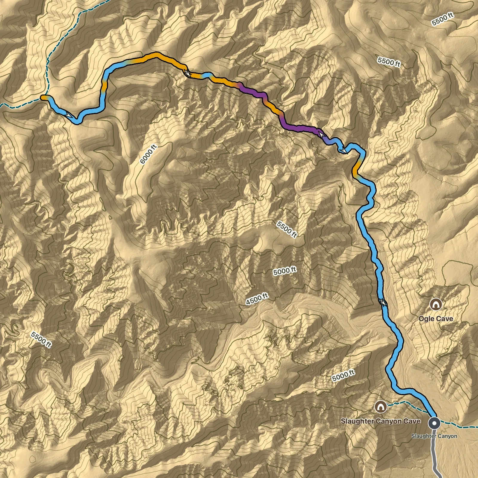 Terrain map of North Slaughter Canyon in Carlsbad Caverns National Park