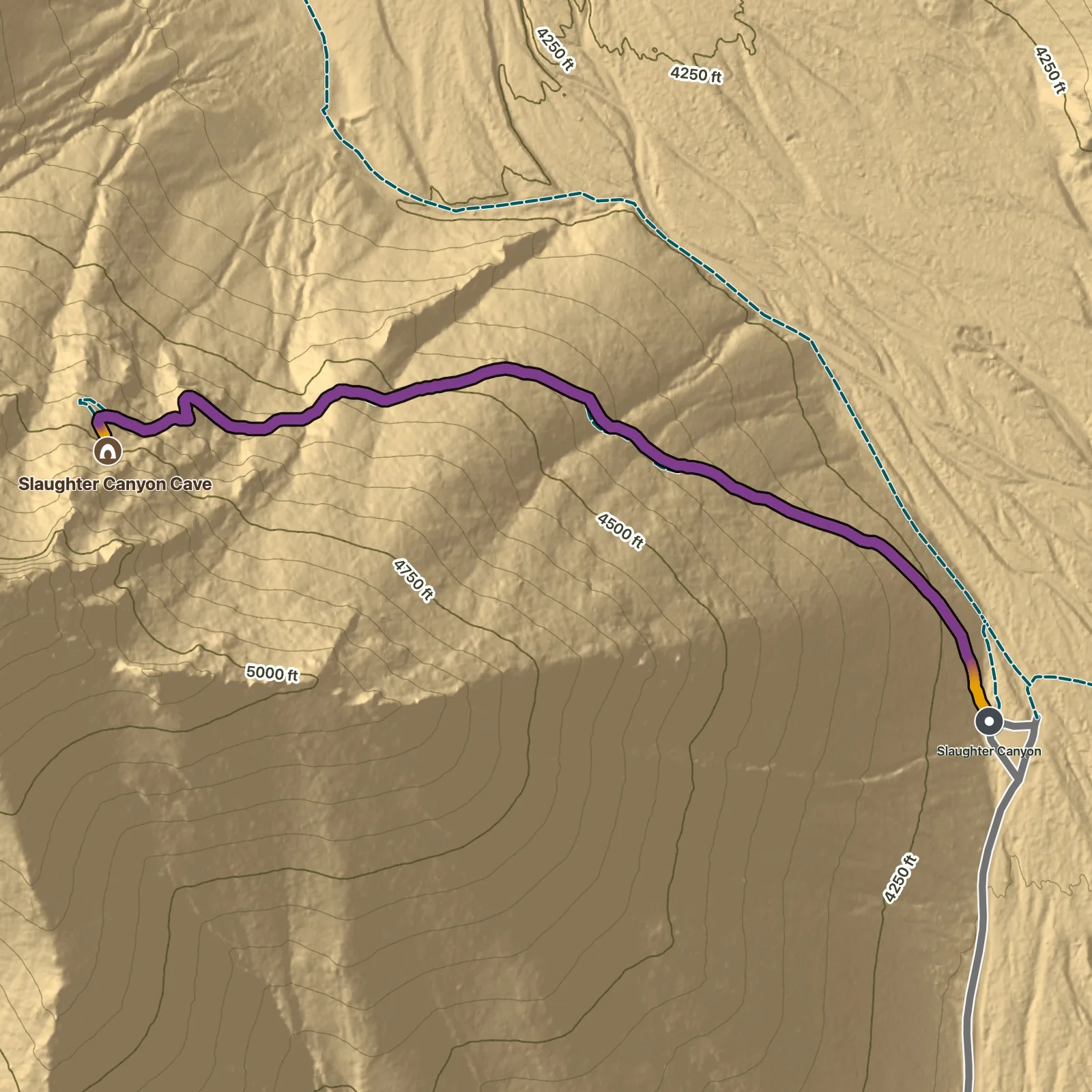 Terrain map of Slaughter Canyon Cave Trail in Carlsbad Caverns National Park
