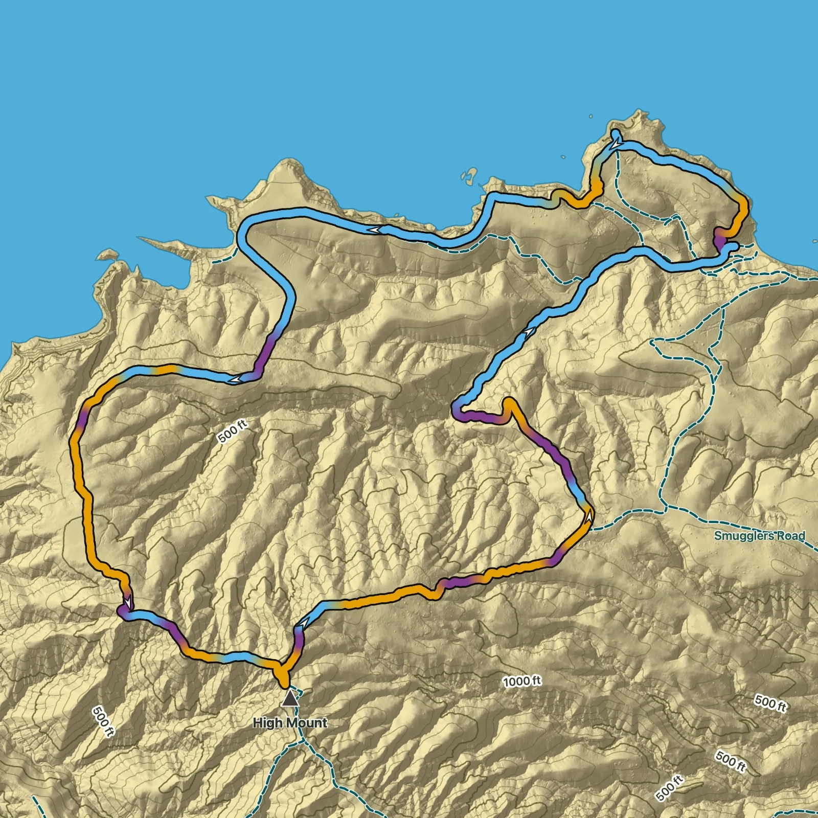 Terrain map of Montañon Ridge Loop in Channel Islands National Park