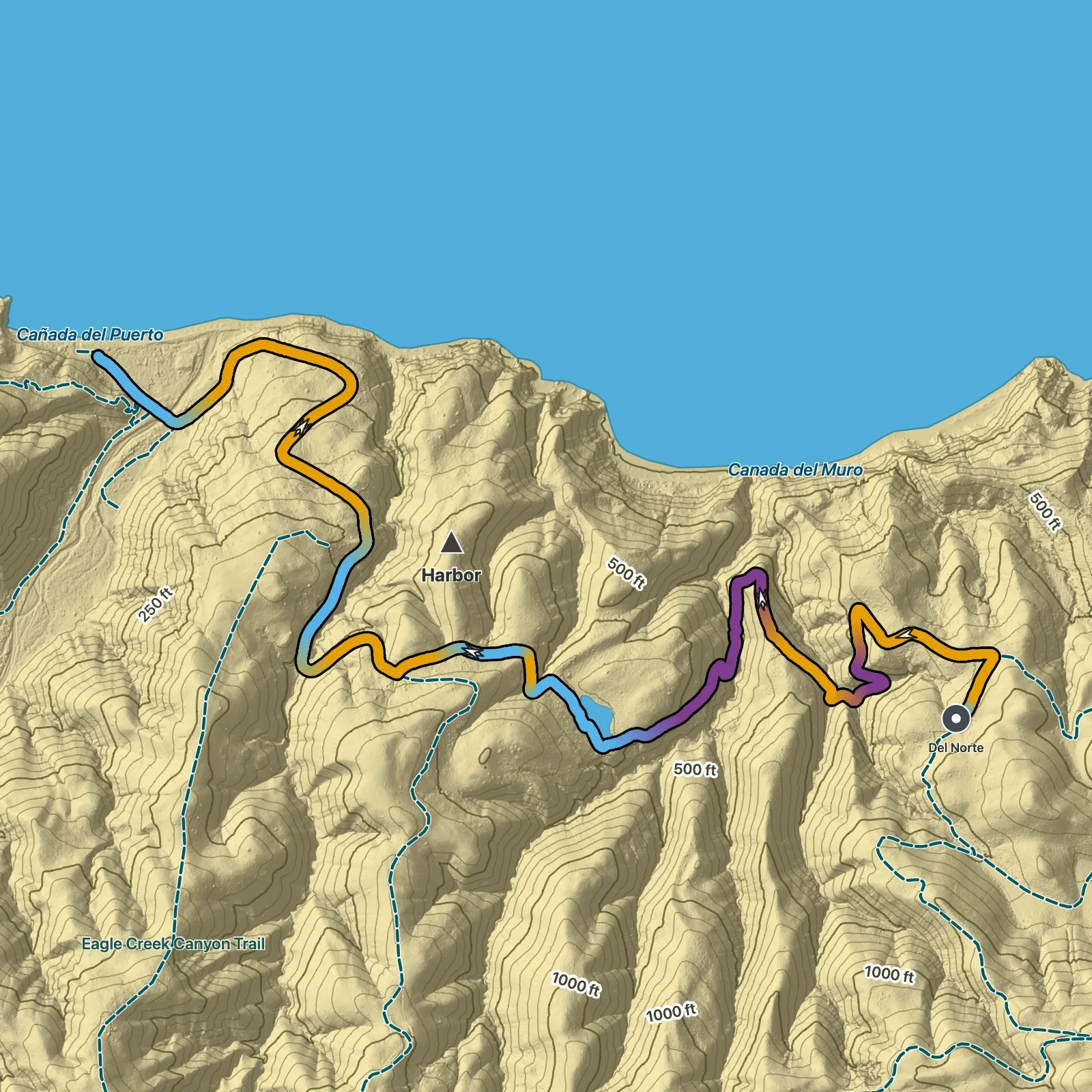 Terrain map of Prisoners Harbor to Del Norte in Channel Islands National Park