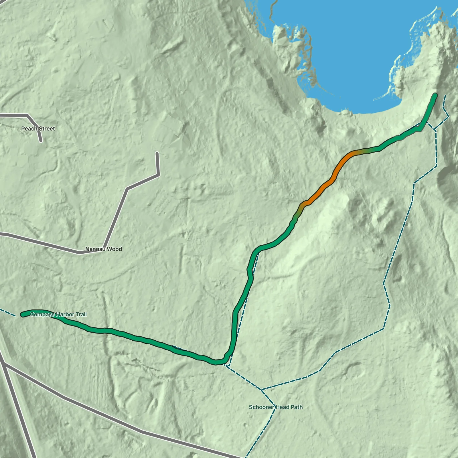 Terrain map showing the Compass Harbor Trail route in Acadia National Park