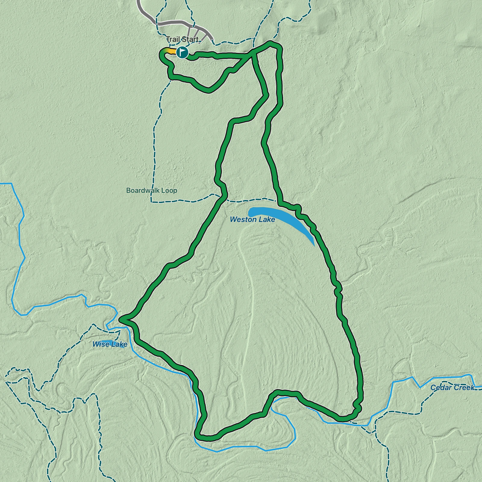 Terrain map of Weston Lake Loop in Congaree National Park