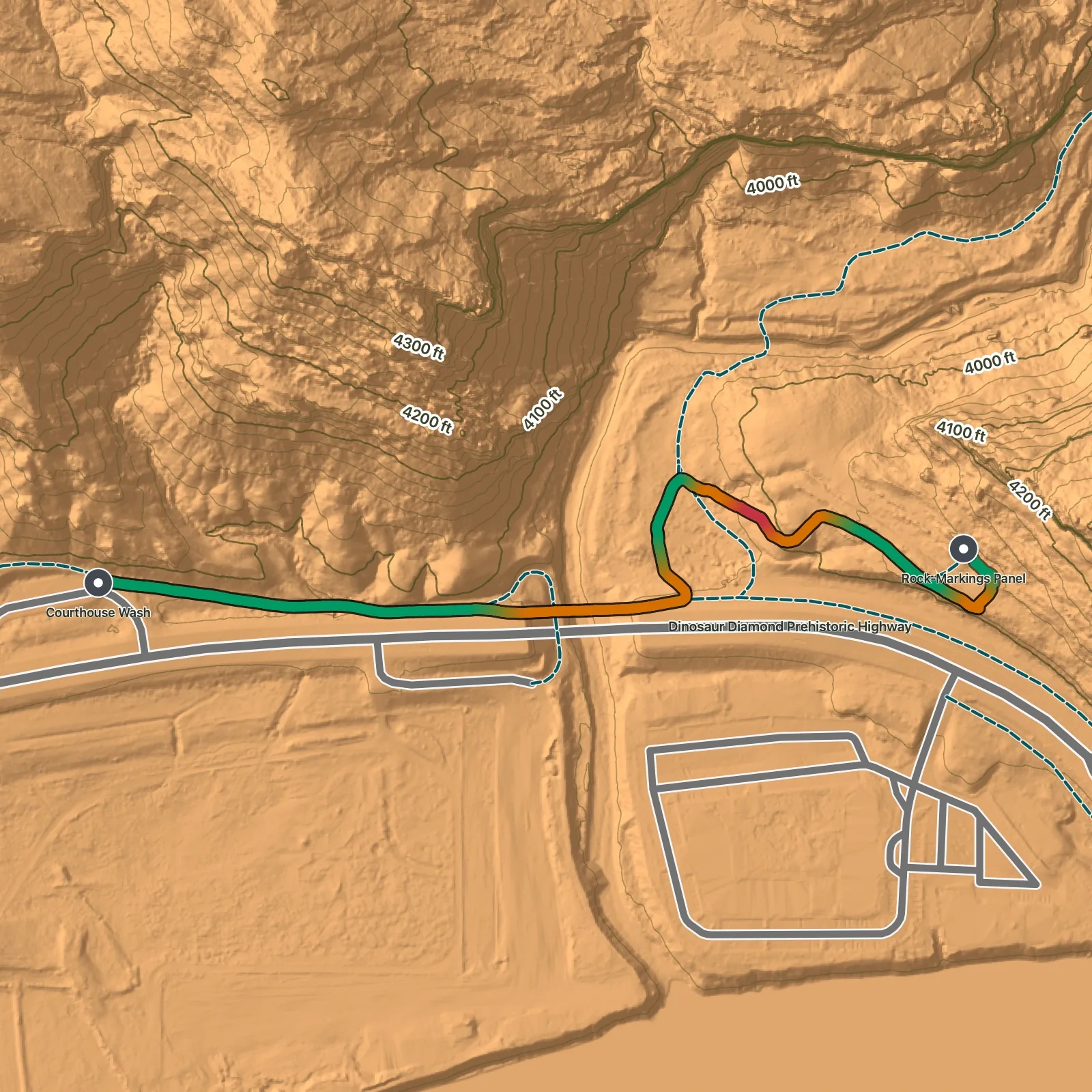 Terrain map of Courthouse Wash Panel Trail in Arches National Park
