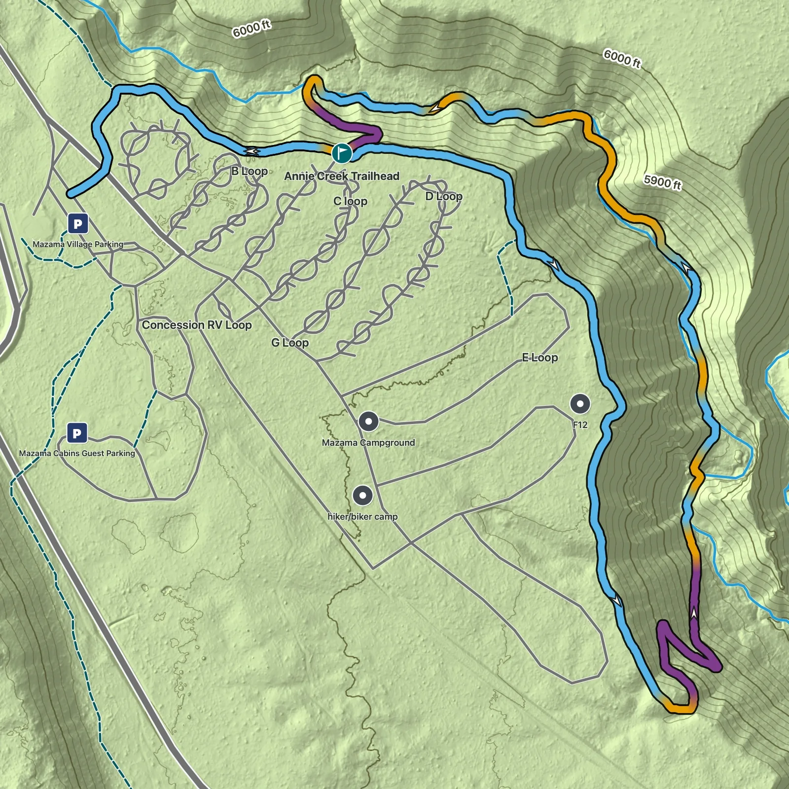 Terrain map of Annie Creek Canyon Trail in Crater Lake National Park