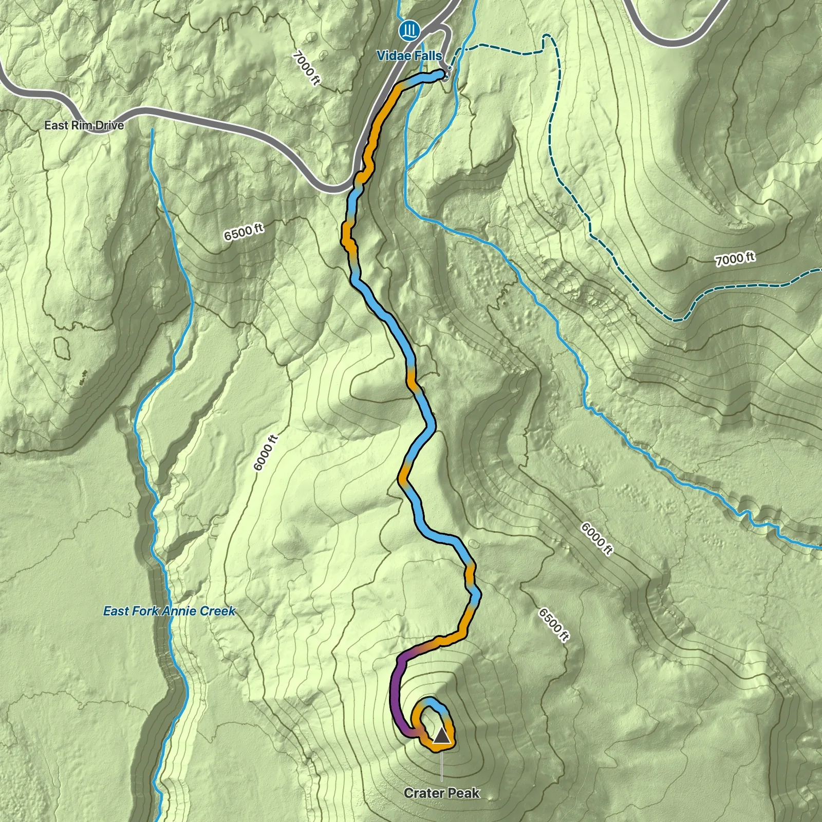 Terrain map of Crater Peak Trail in Crater Lake National Park