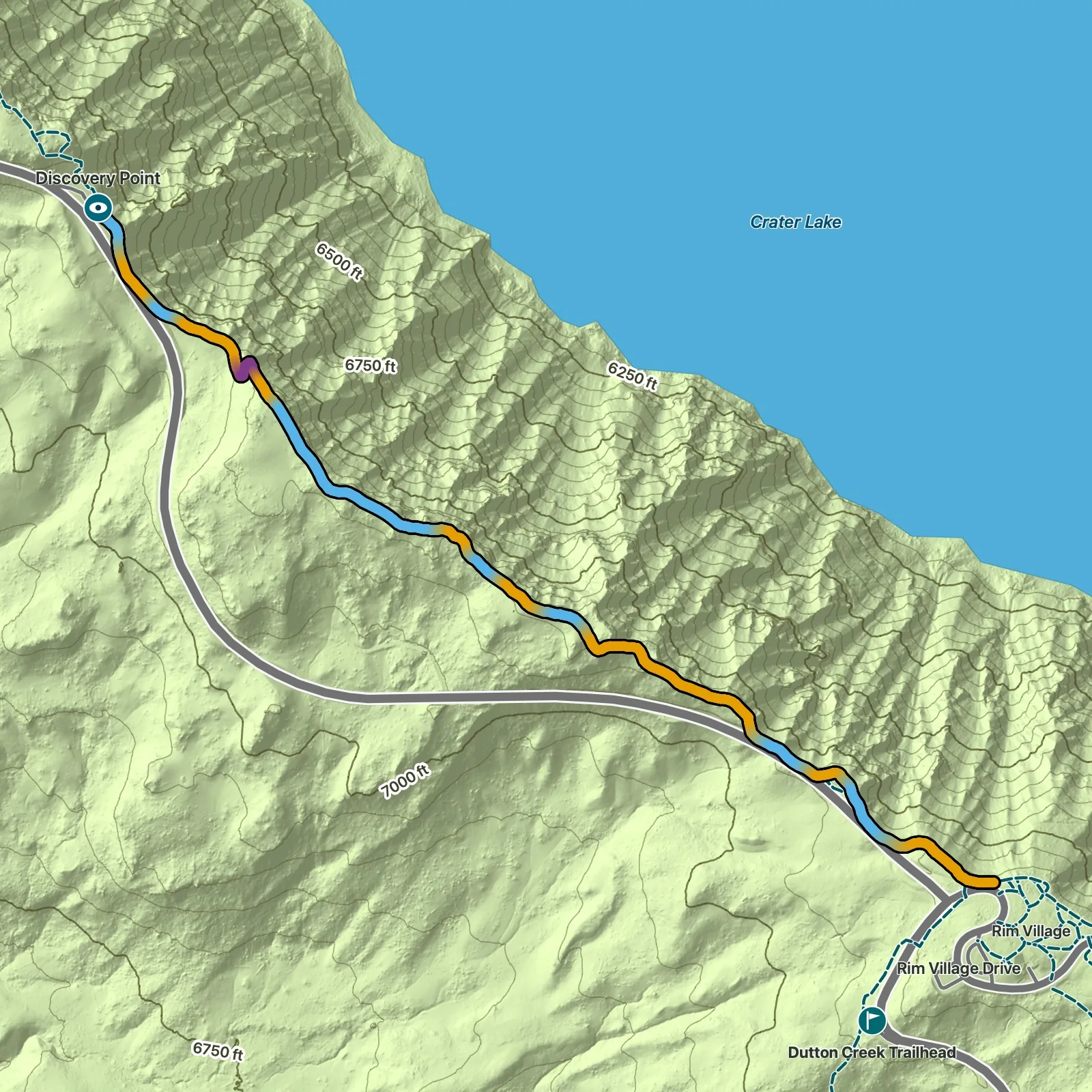 Terrain map of Discovery Point Trail in Crater Lake National Park