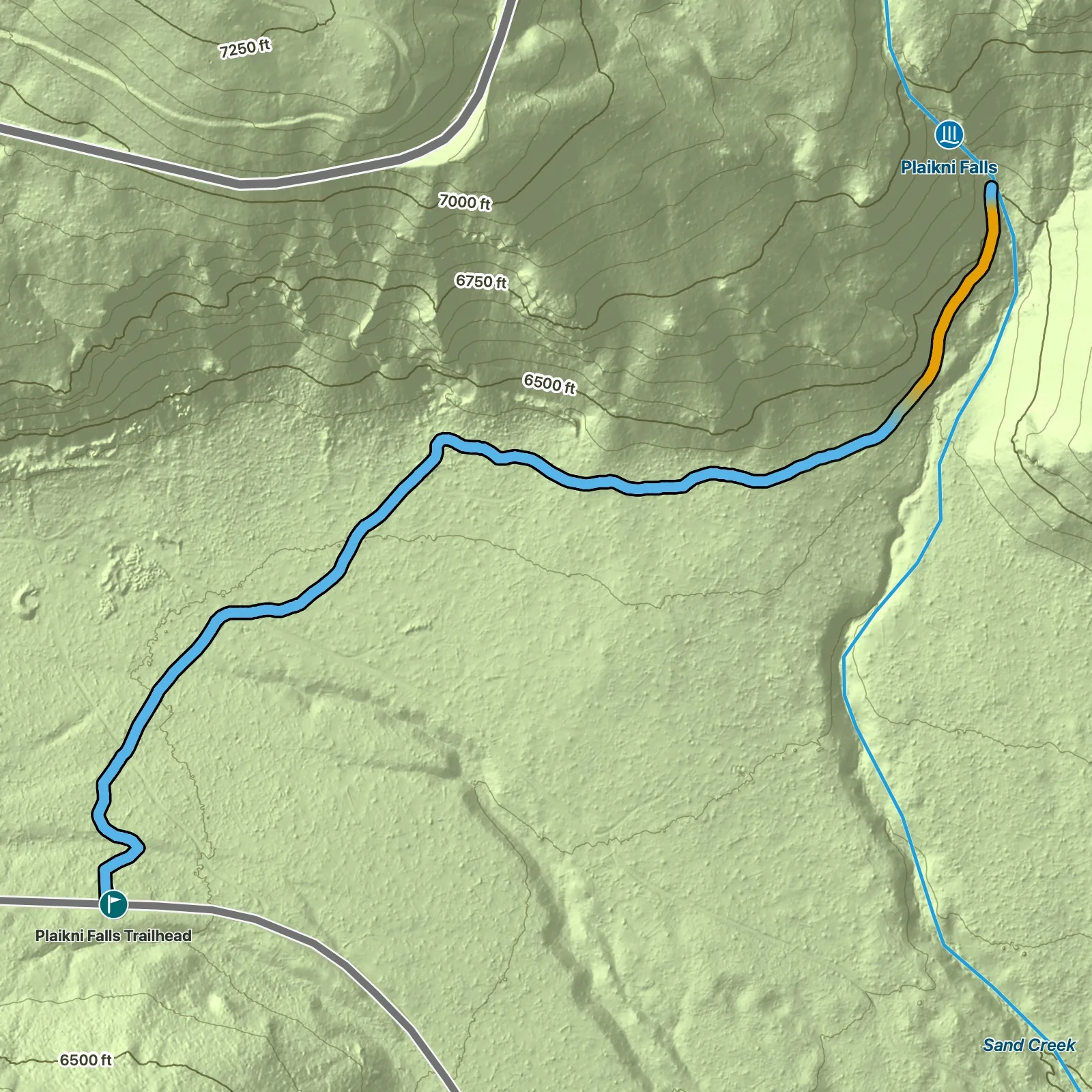 Terrain map of Plaikni Falls Trail in Crater Lake National Park