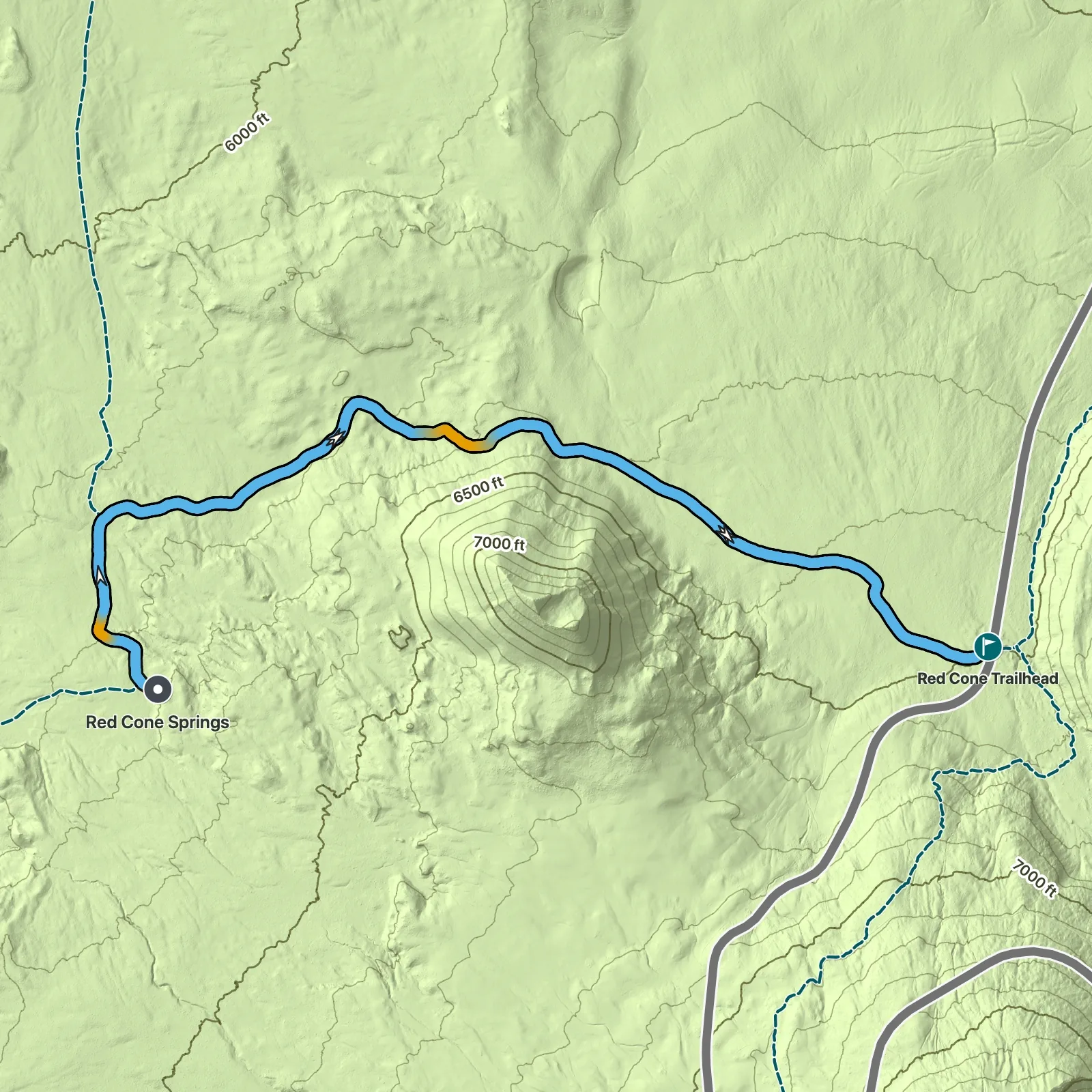 Terrain map of Red Cone Springs via the Pacific Crest Trail in Crater Lake National Park