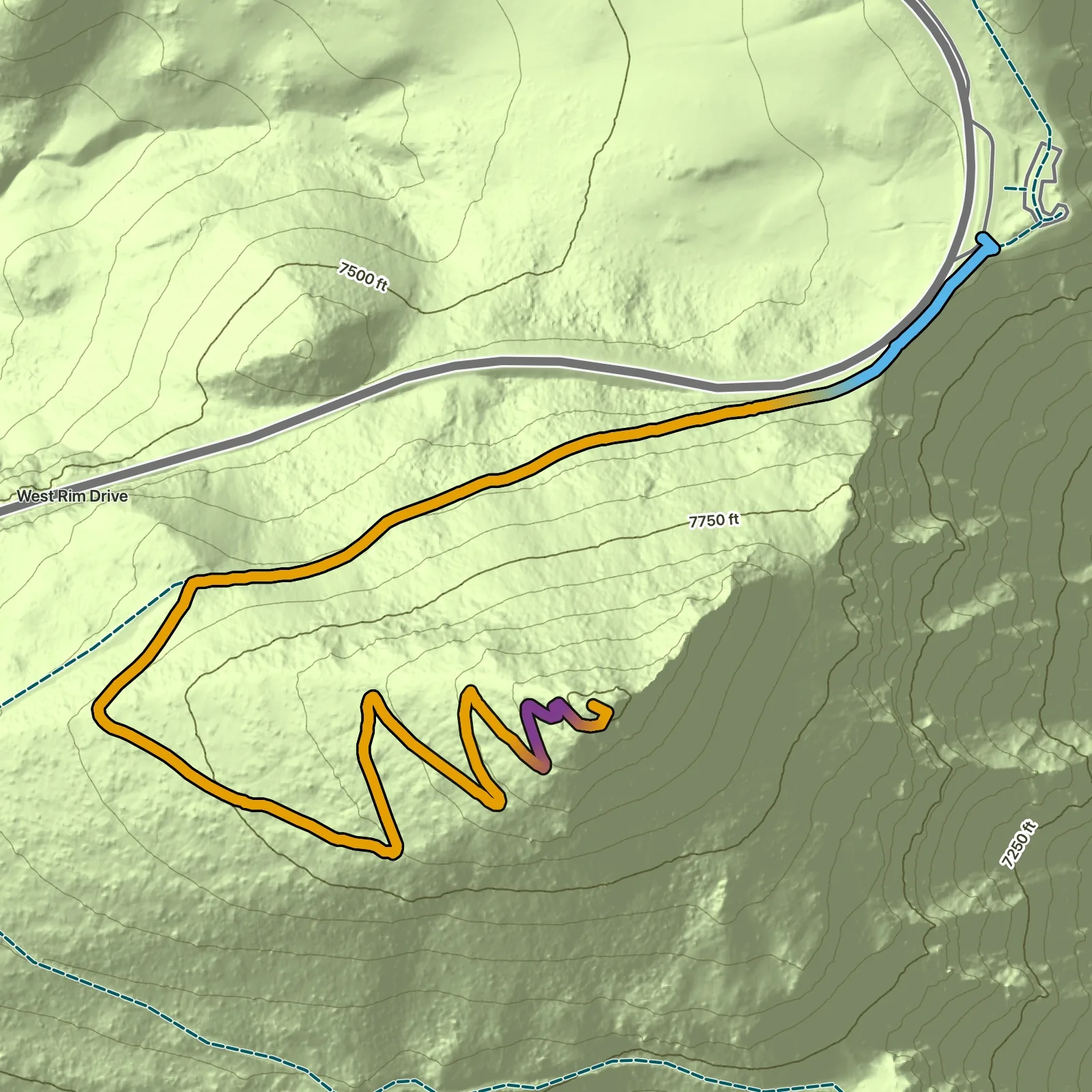 Terrain map of Watchman Peak Trail in Crater Lake National Park