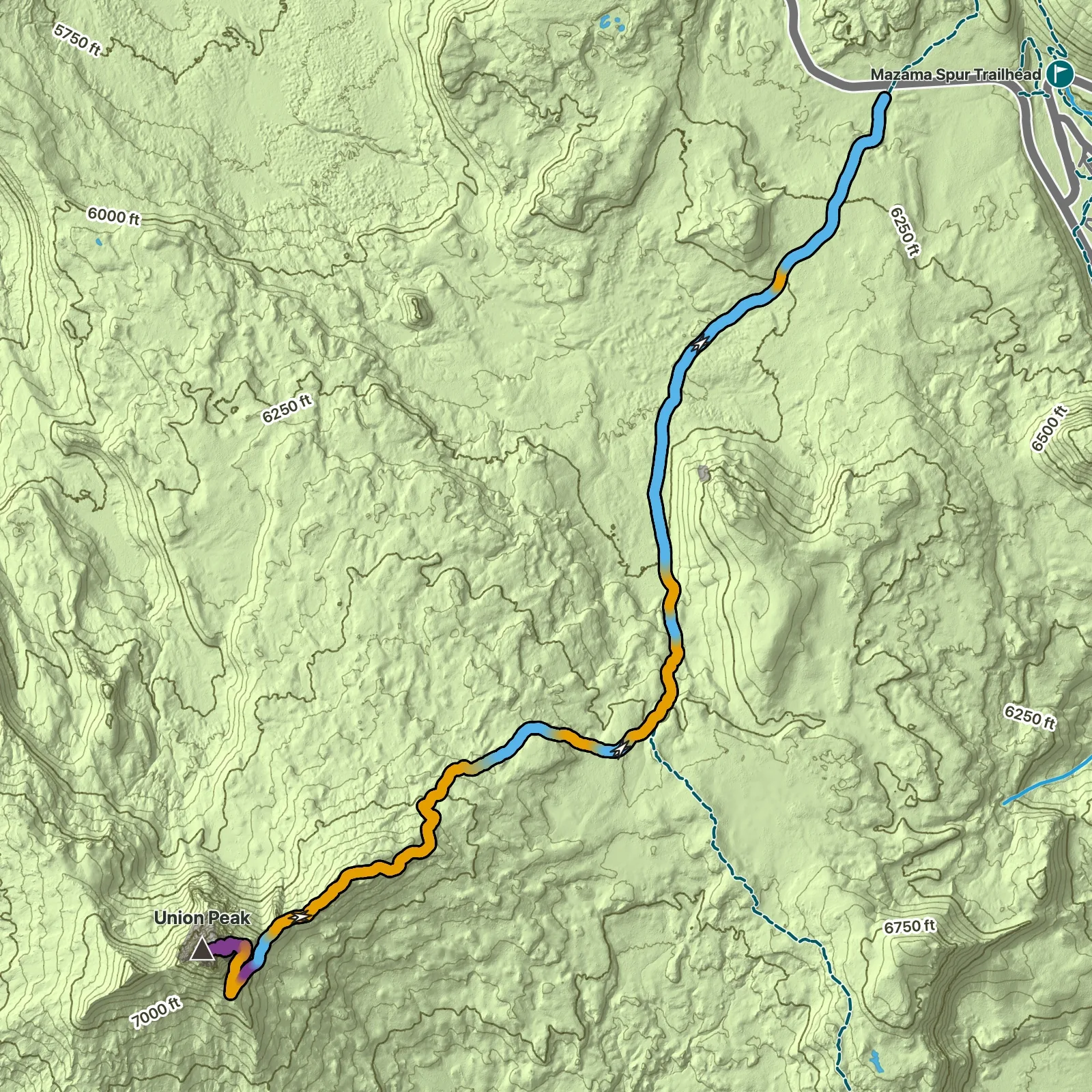 Terrain map of Union Peak Trail in Crater Lake National Park