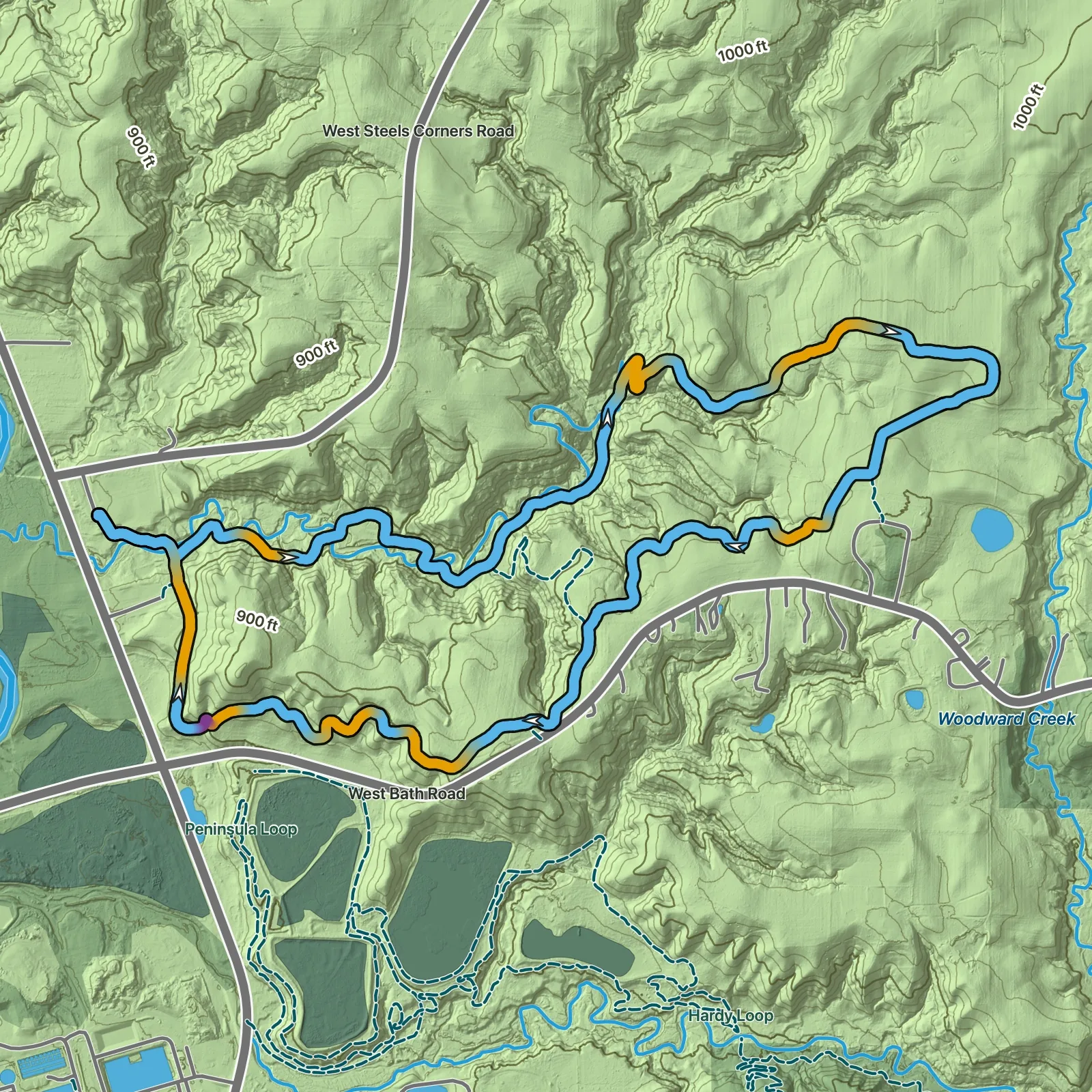 Terrain map of Adam Run Trail in Cuyahoga Valley National Park