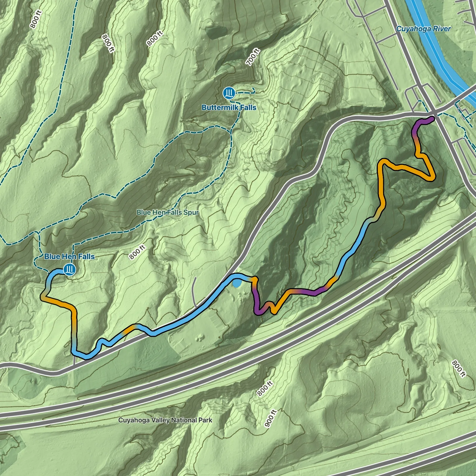 Terrain map of Blue Hen Falls from Boston Mill in Cuyahoga Valley National Park
