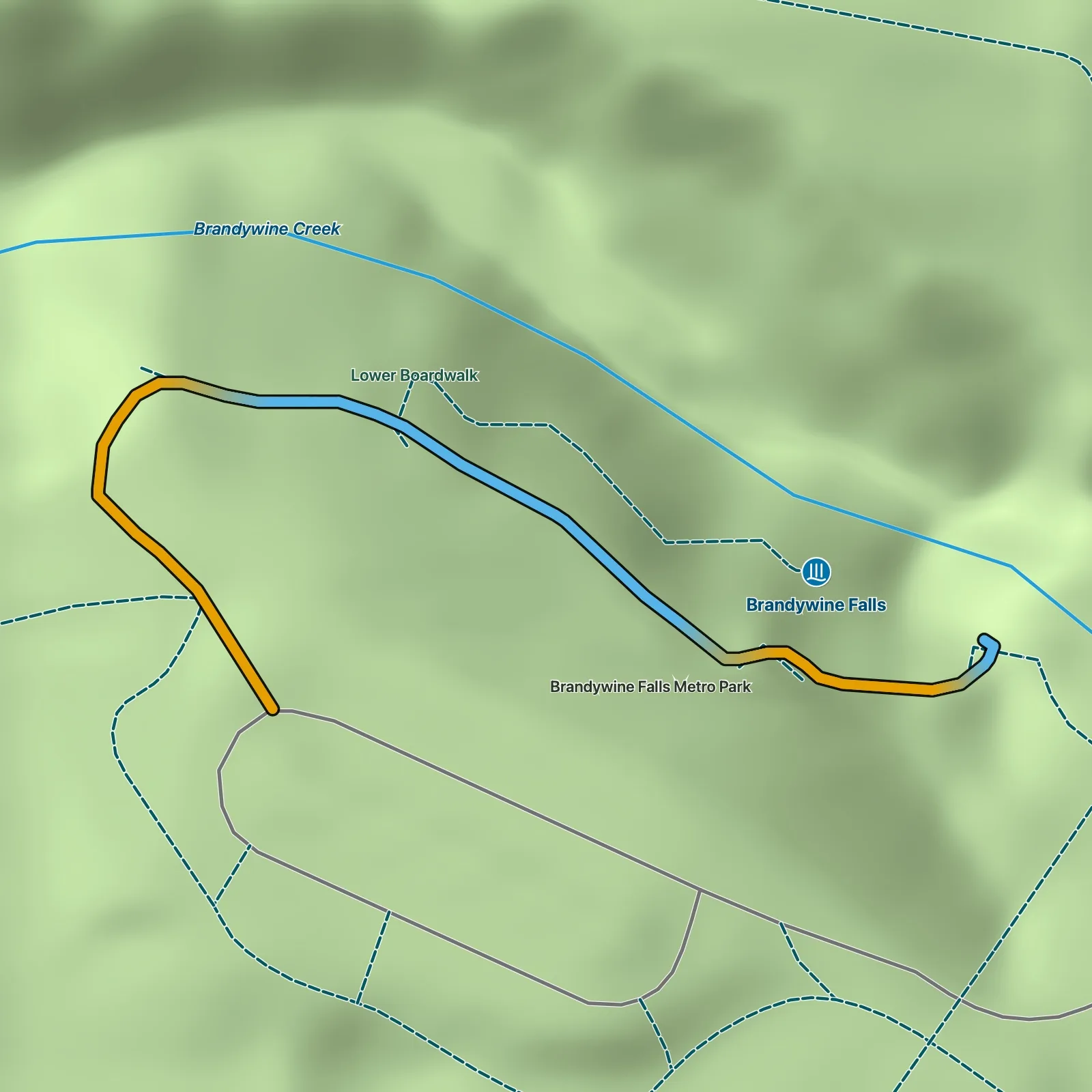 Terrain map of Brandywine Falls Boardwalk in Cuyahoga Valley National Park