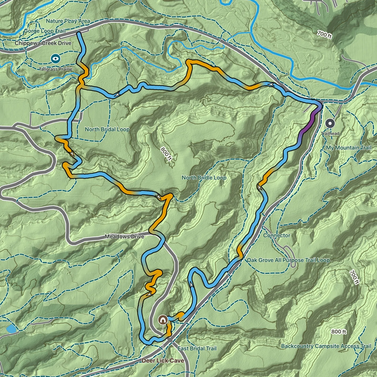 Terrain map of Deer Lick Cave and Buckeye Loop in Cuyahoga Valley National Park