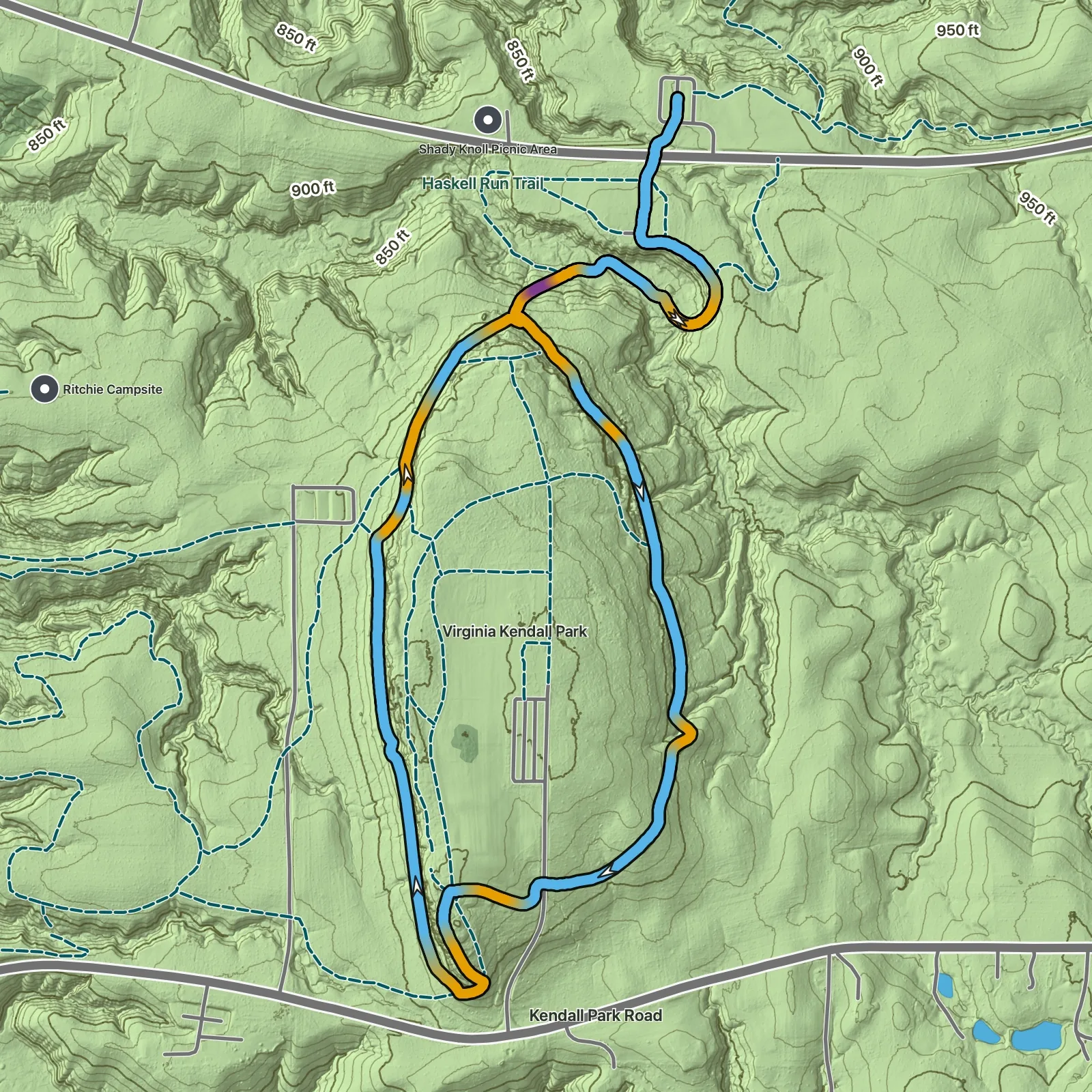 Terrain map of Ritchie Ledges Loop via Haskell Run in Cuyahoga Valley National Park