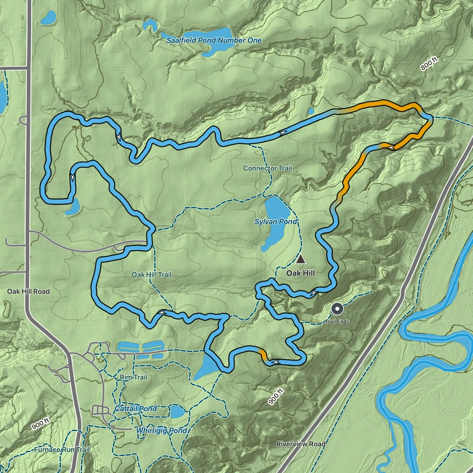Terrain map of Plateau Trail in Cuyahoga Valley National Park