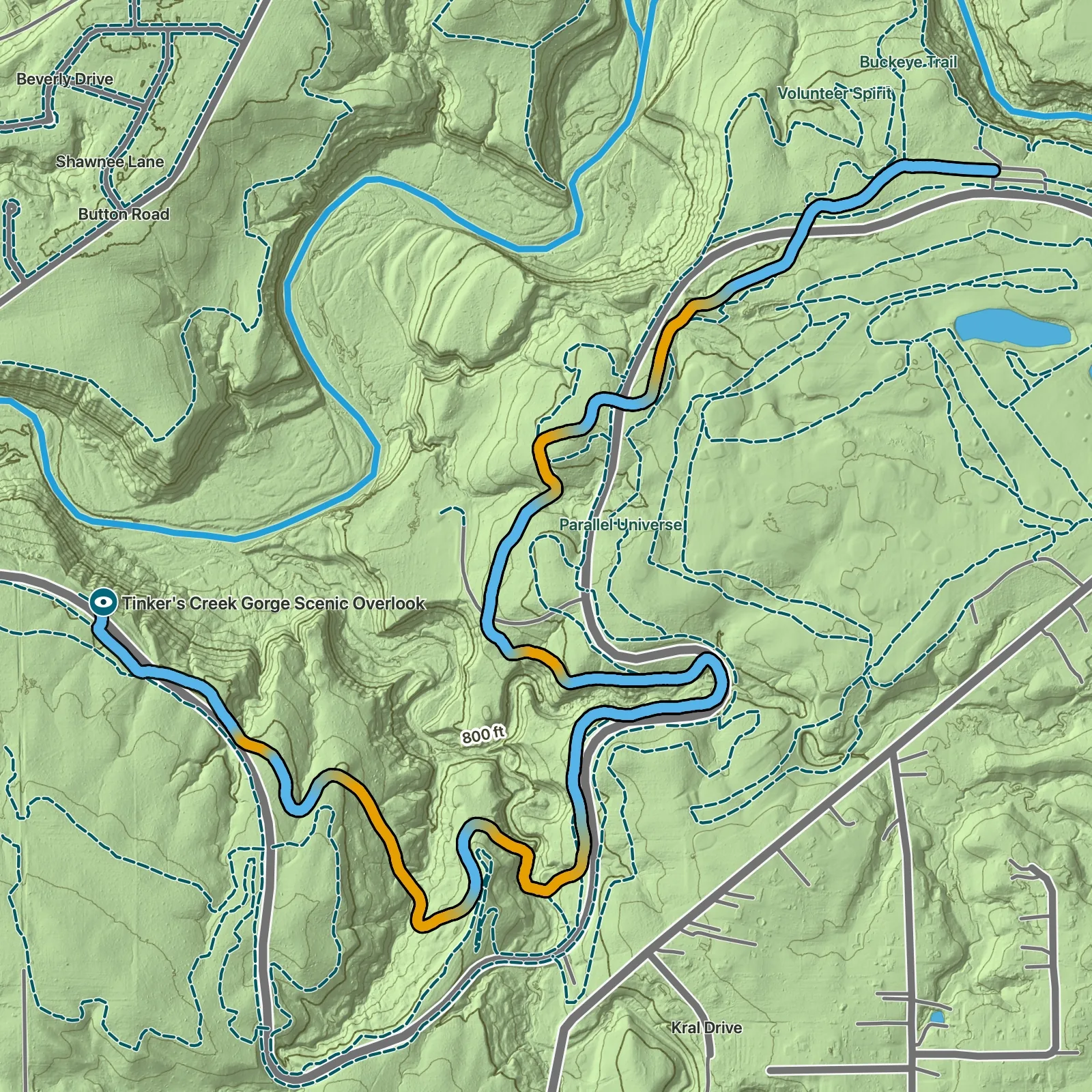Terrain map of Tinker's Creek Gorge Overlook Walk in Cuyahoga Valley National Park