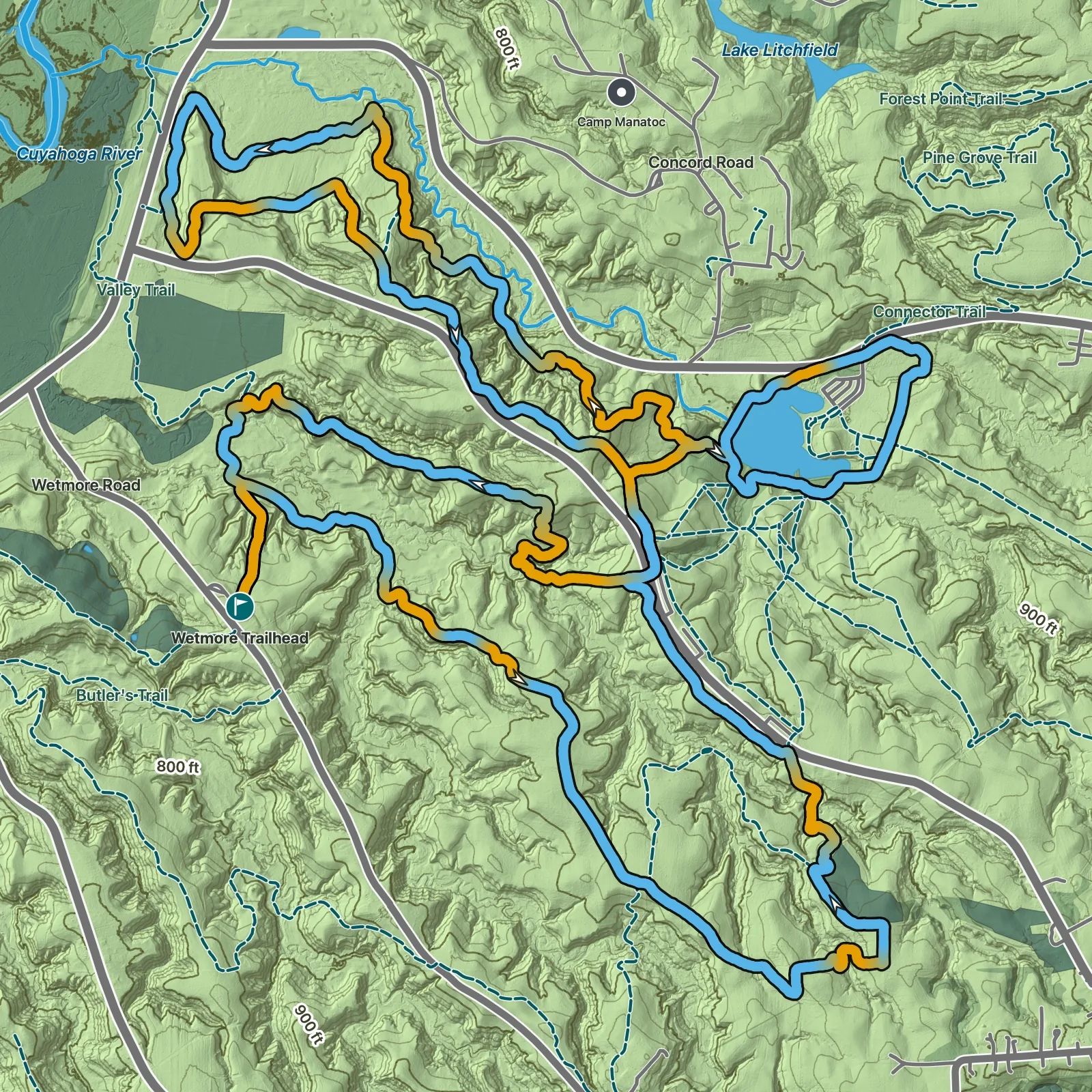 Terrain map of Wetmore Trail in Cuyahoga Valley National Park