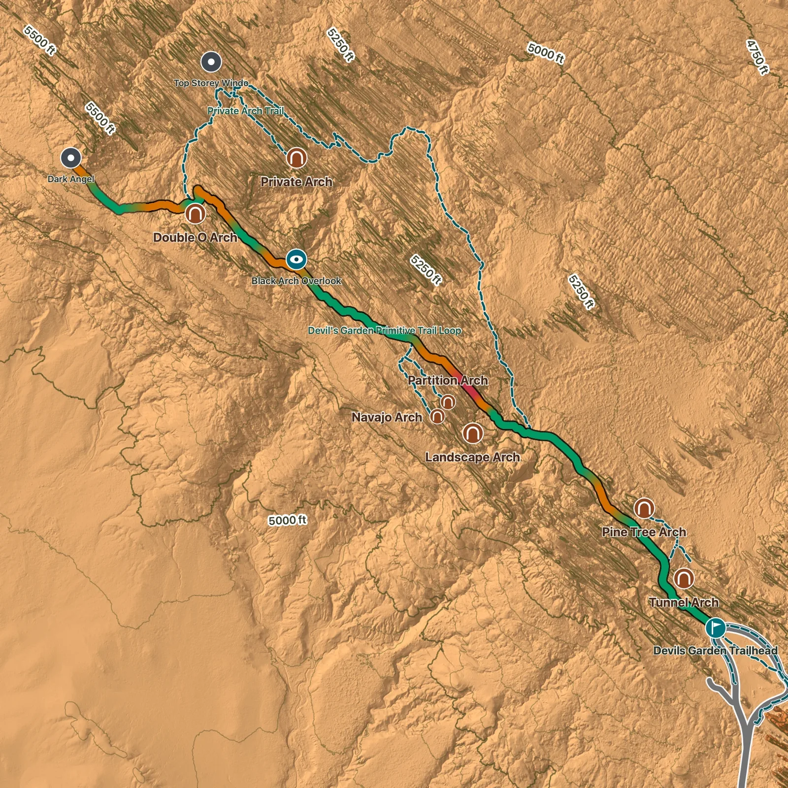 Terrain map of Dark Angel Trail in Arches National Park