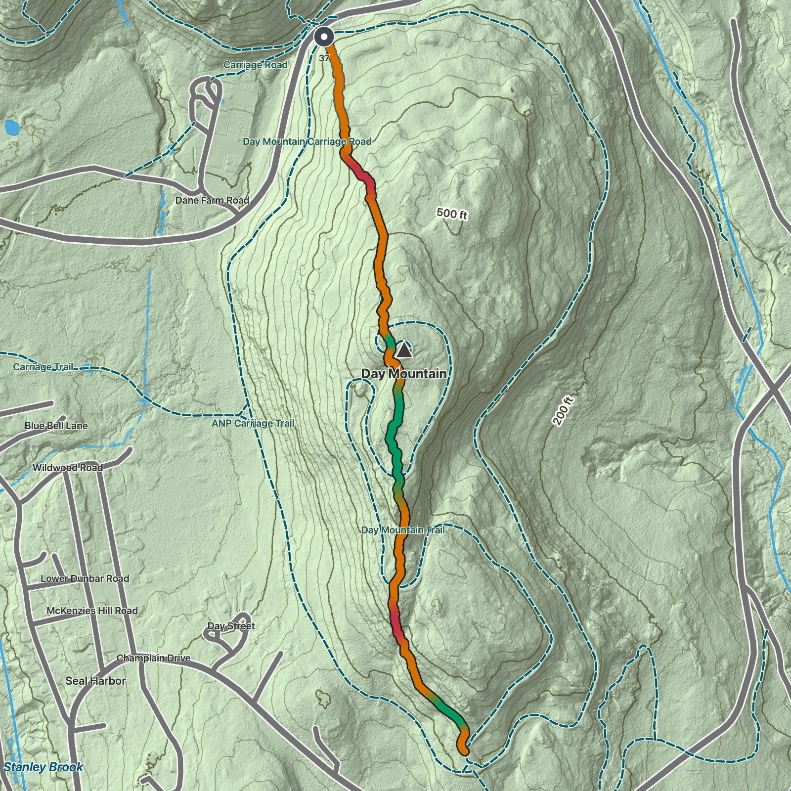 Terrain map showing the Day Mountain Trail route in Acadia National Park