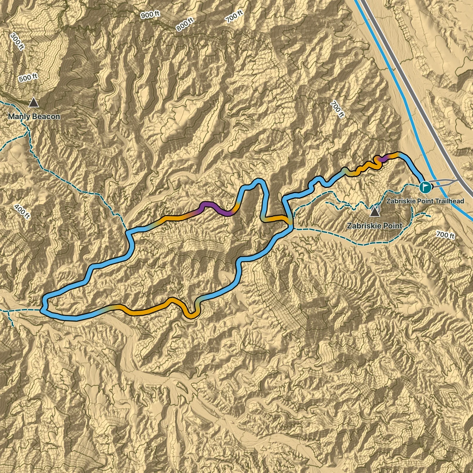 Terrain map of Badlands Loop from Zabriskie Point in Death Valley National Park