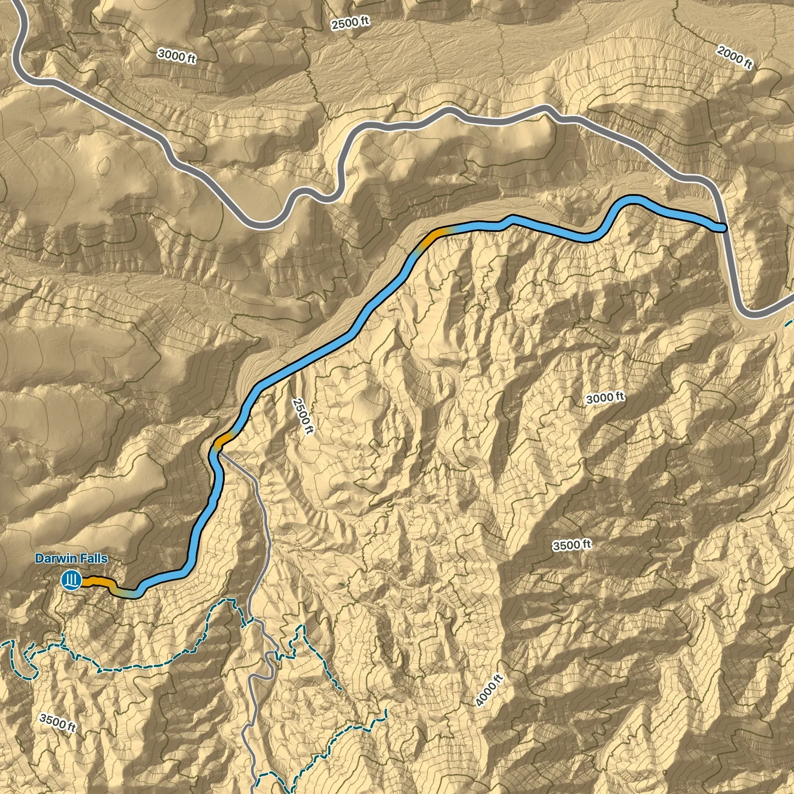 Terrain map of Darwin Falls via the Old Toll Road in Death Valley National Park