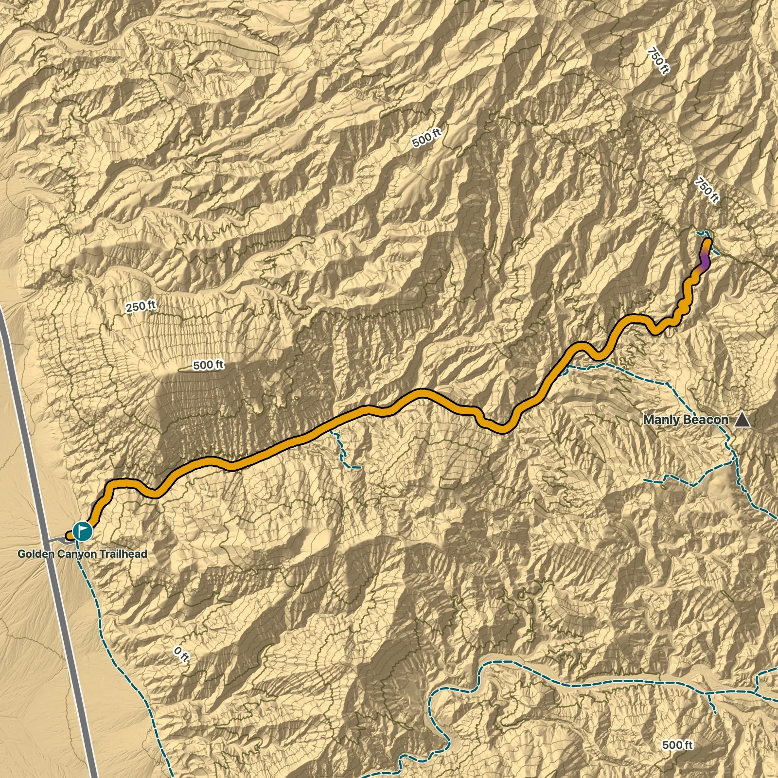 Terrain map of Golden Canyon to Red Cathedral in Death Valley National Park