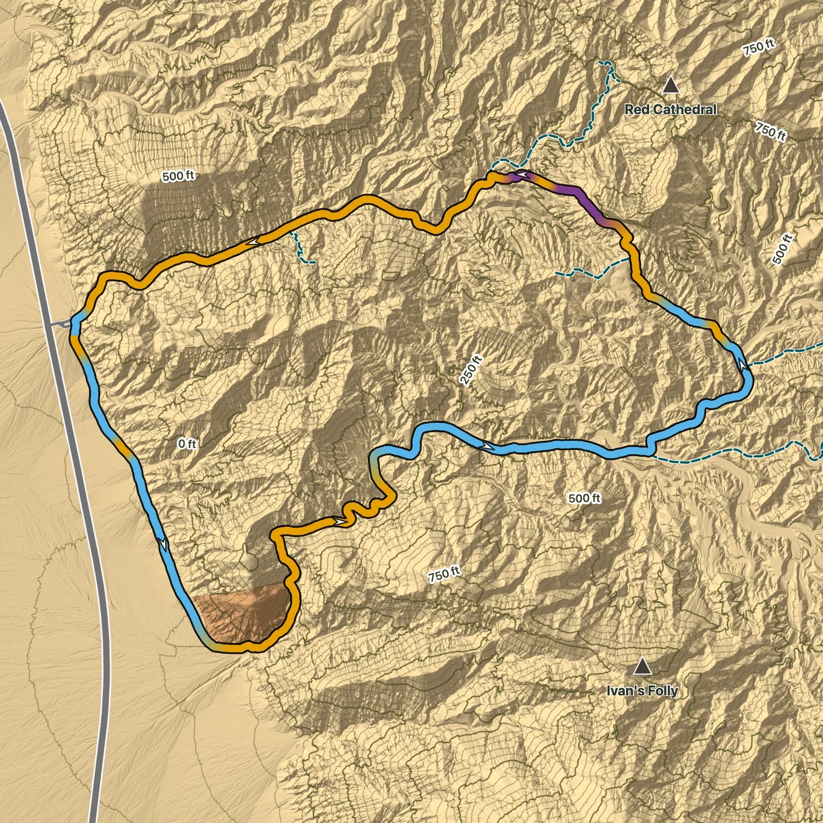 Terrain map of Gower Gulch Loop in Death Valley National Park