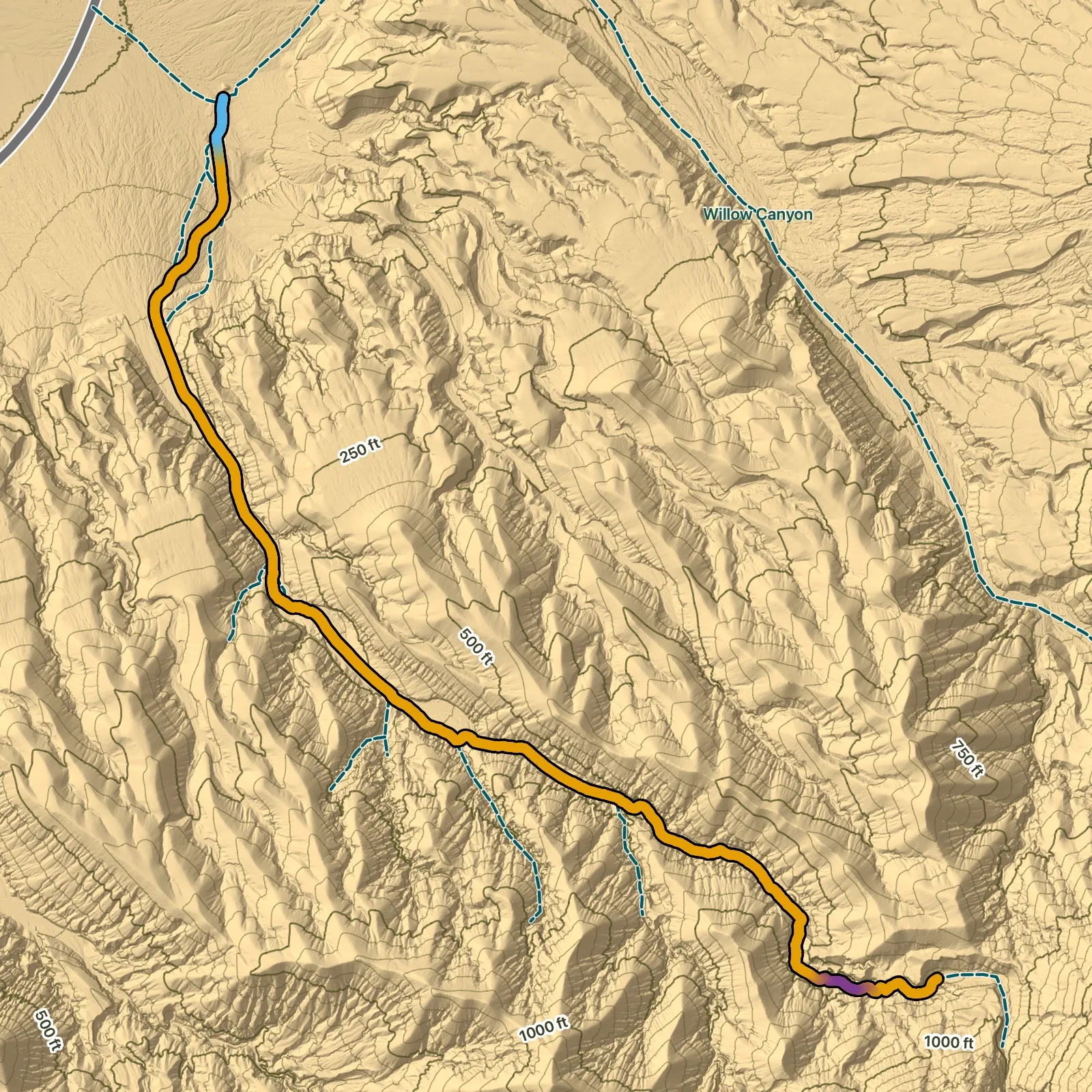 Terrain map of Sidewinder Canyon in Death Valley National Park