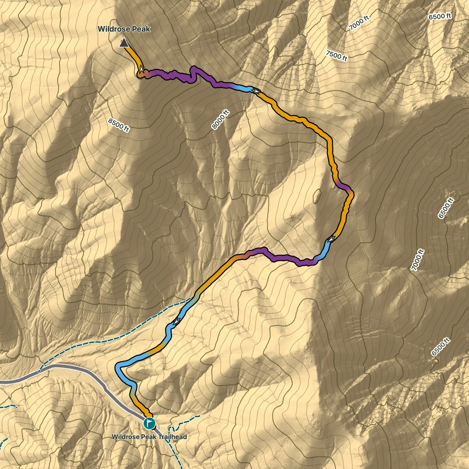Terrain map of Wildrose Peak in Death Valley National Park