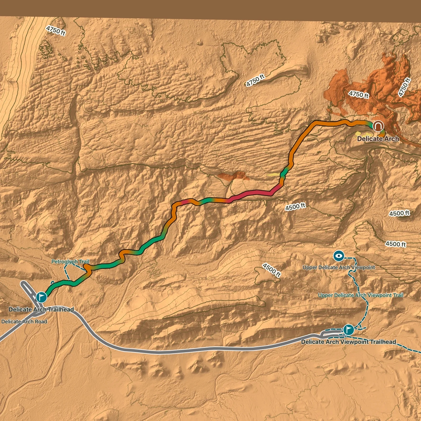 Terrain map of Delicate Arch Trail in Arches National Park
