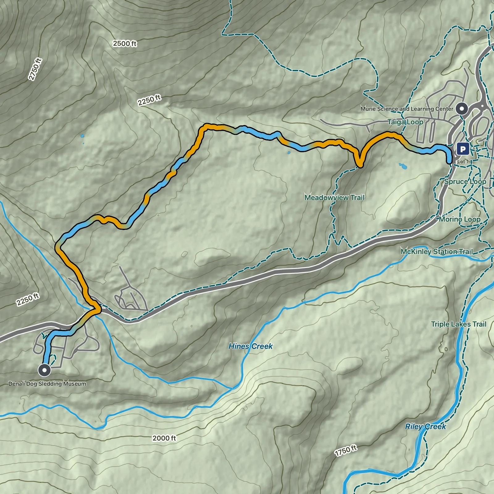 Terrain map of Rock Creek Trail in Denali National Park
