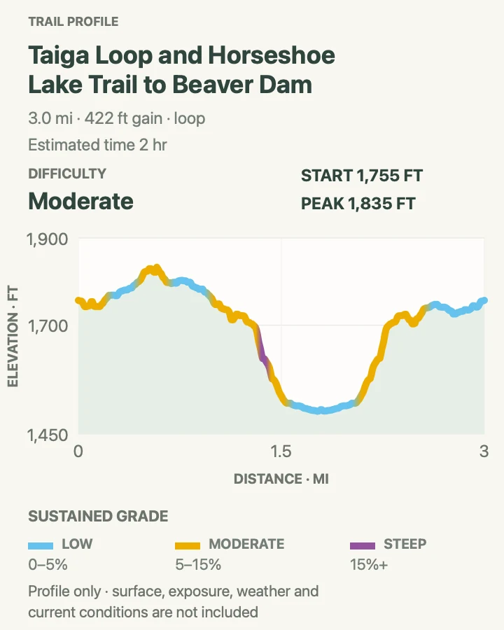Elevation profile for Horseshoe Lake and Beaver Dam Loop in Denali National Park