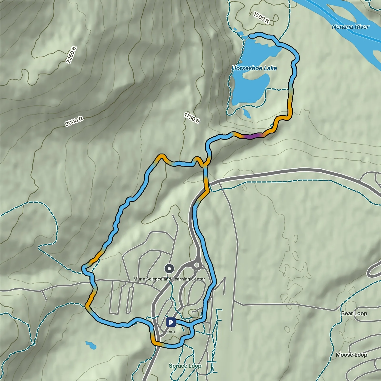 Terrain map of Horseshoe Lake and Beaver Dam Loop in Denali National Park