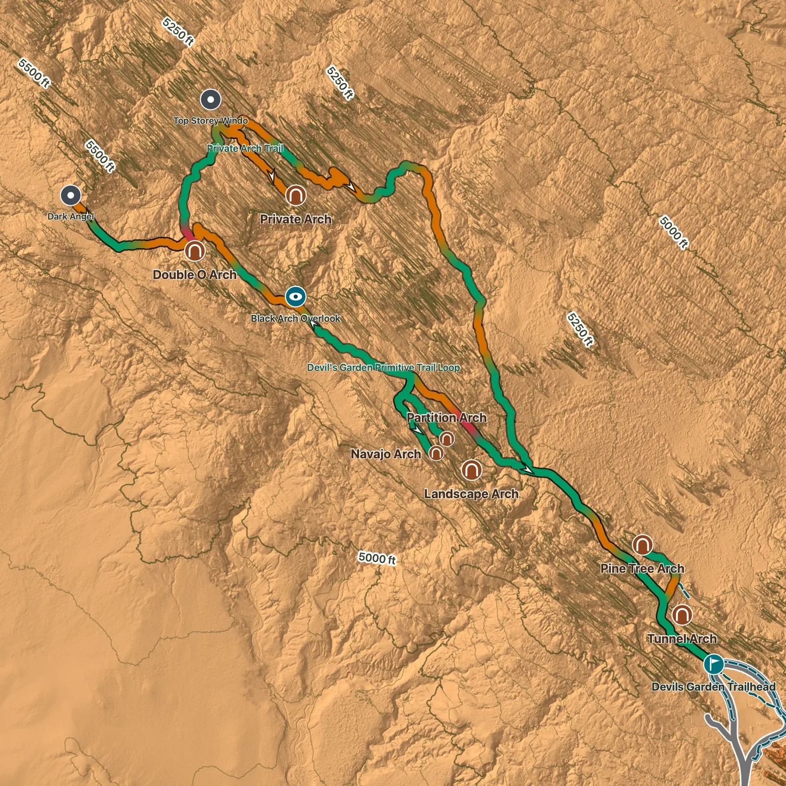 Terrain map of Devils Garden Loop with All Named Spurs in Arches National Park