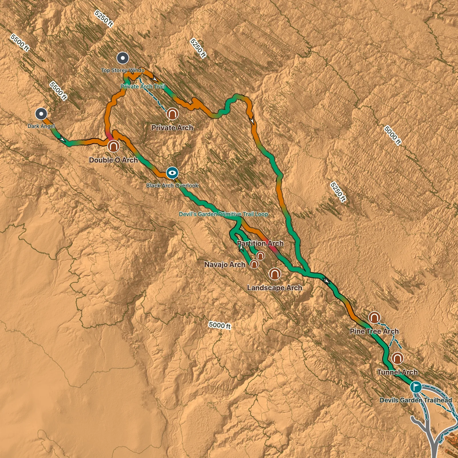 Terrain map of Devils Garden Primitive Loop in Arches National Park