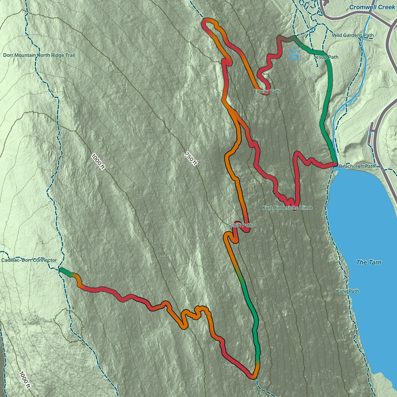 Terrain map showing the Dorr Mountain via Emery Path route in Acadia National Park