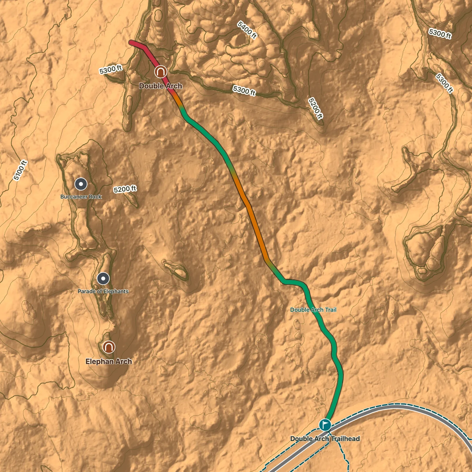 Terrain map of Double Arch Trail in Arches National Park