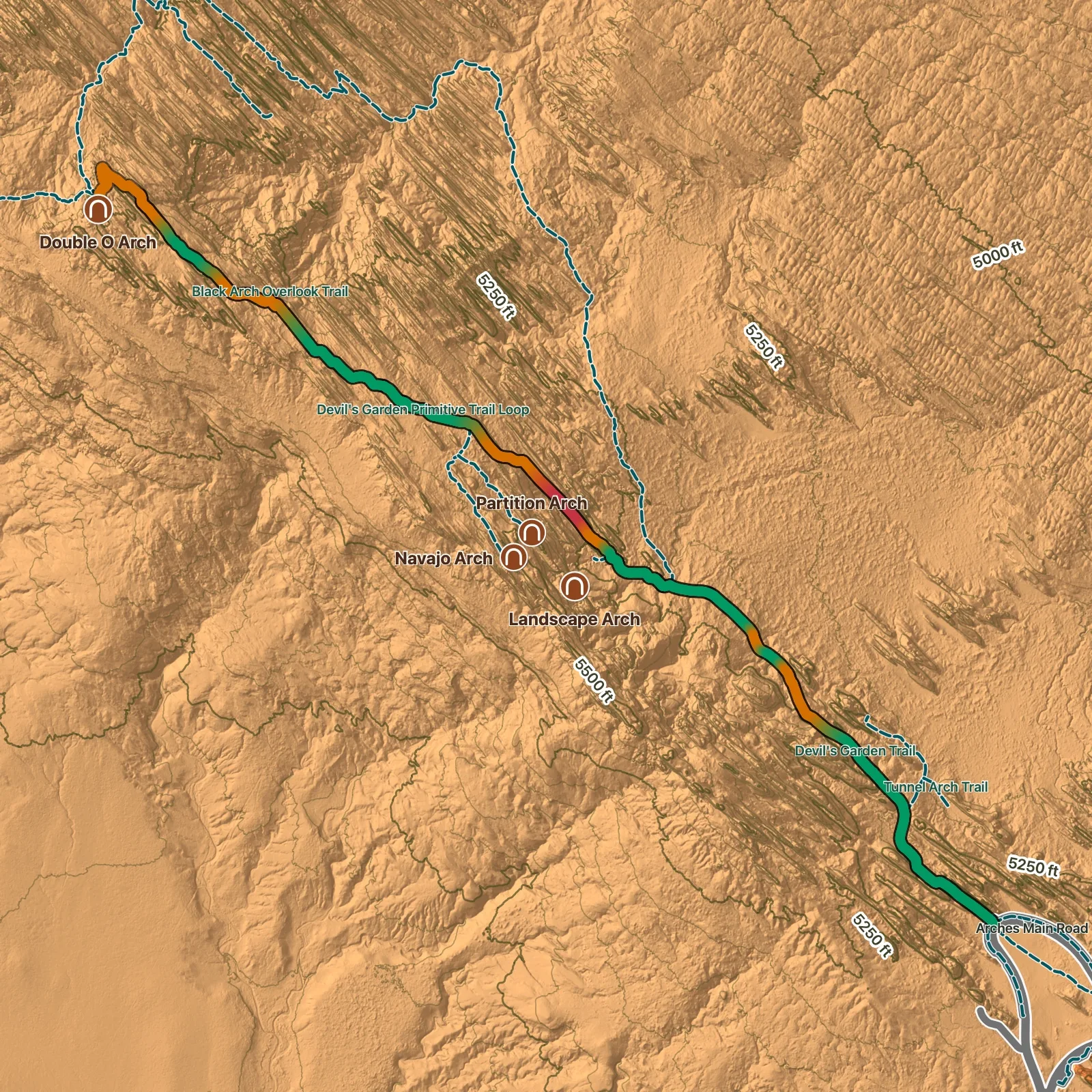 Terrain map of Double O Arch Trail in Arches National Park