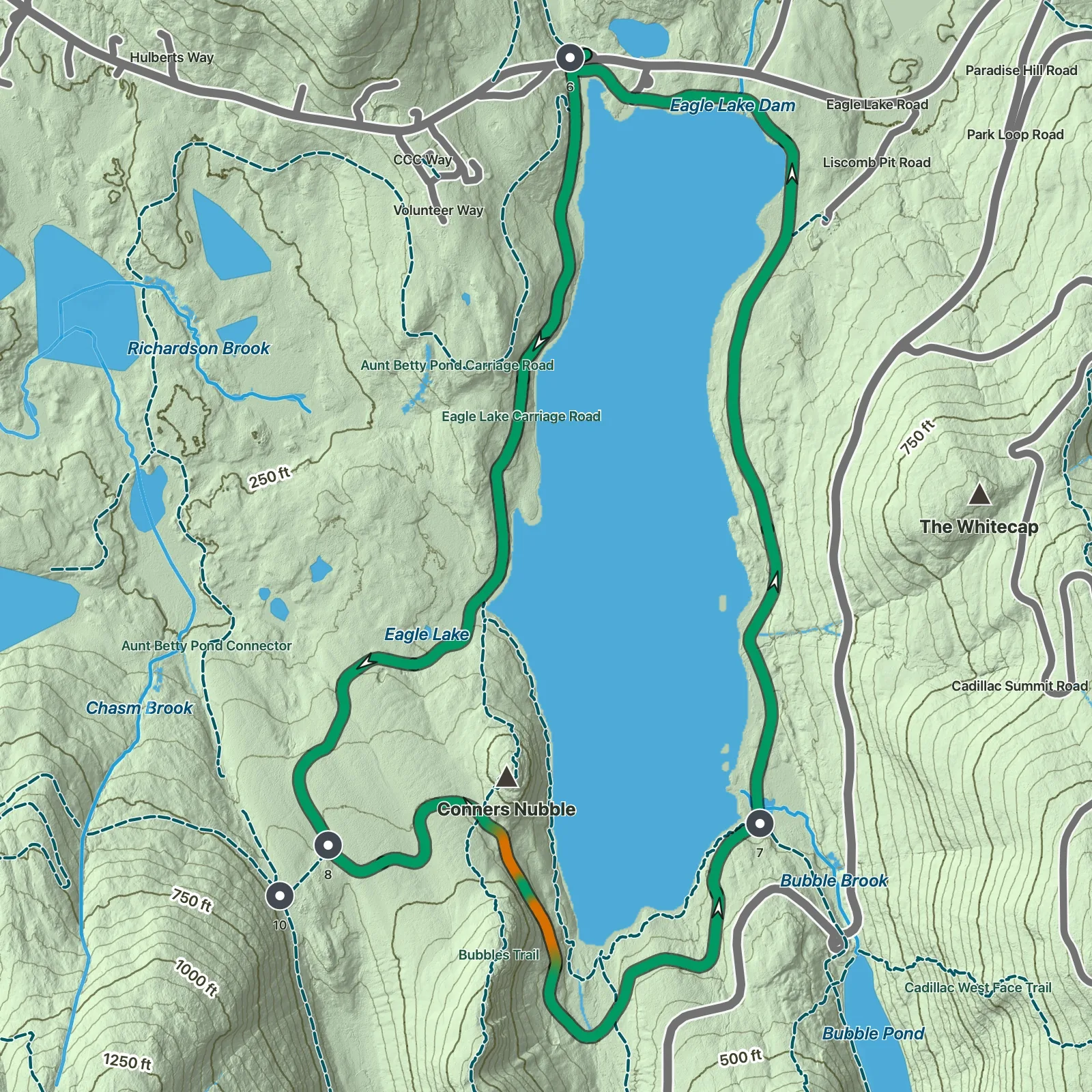 Terrain map showing the Eagle Lake Carriage Road Loop route in Acadia National Park