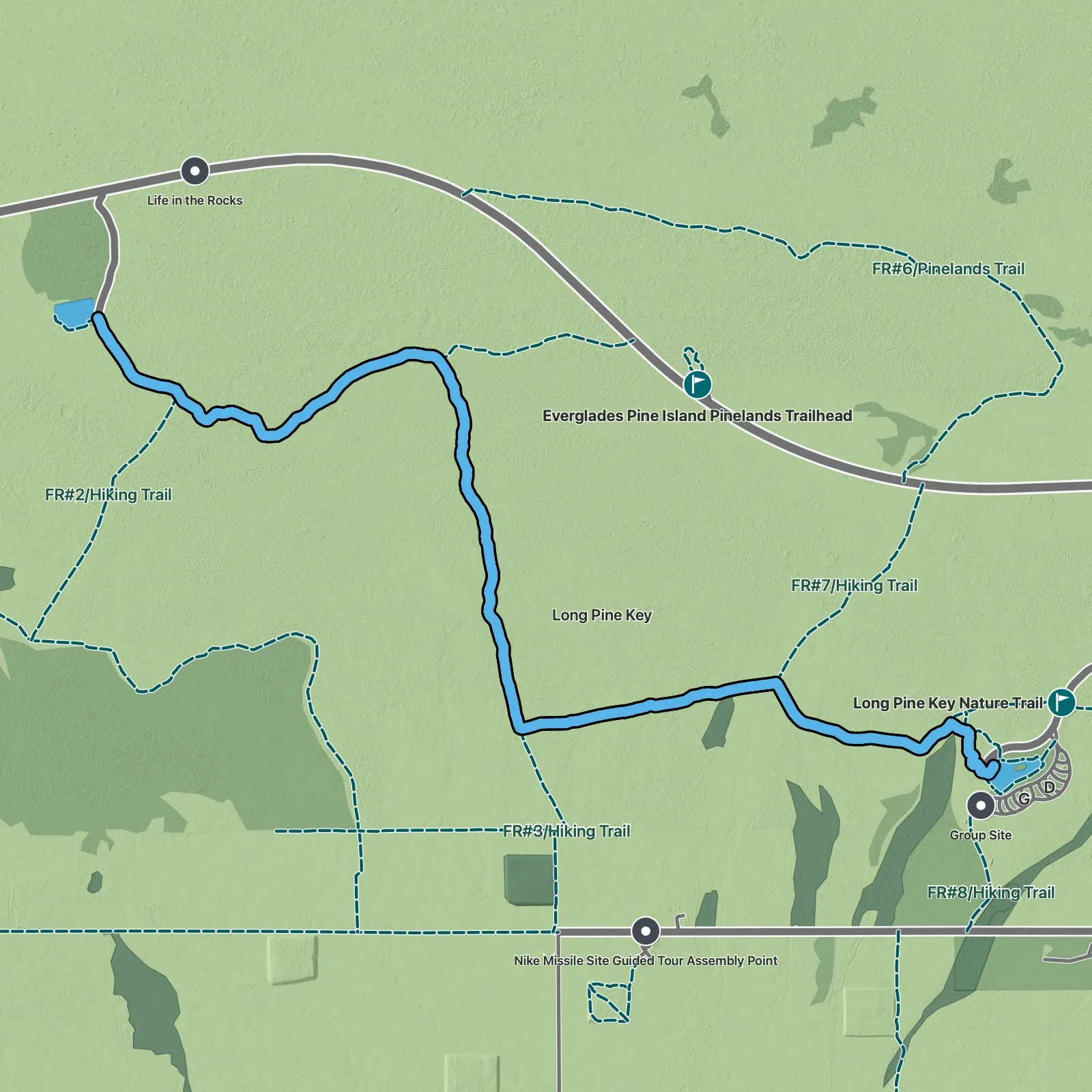 Terrain map of Long Pine Key to Pine Glades Lake in Everglades National Park