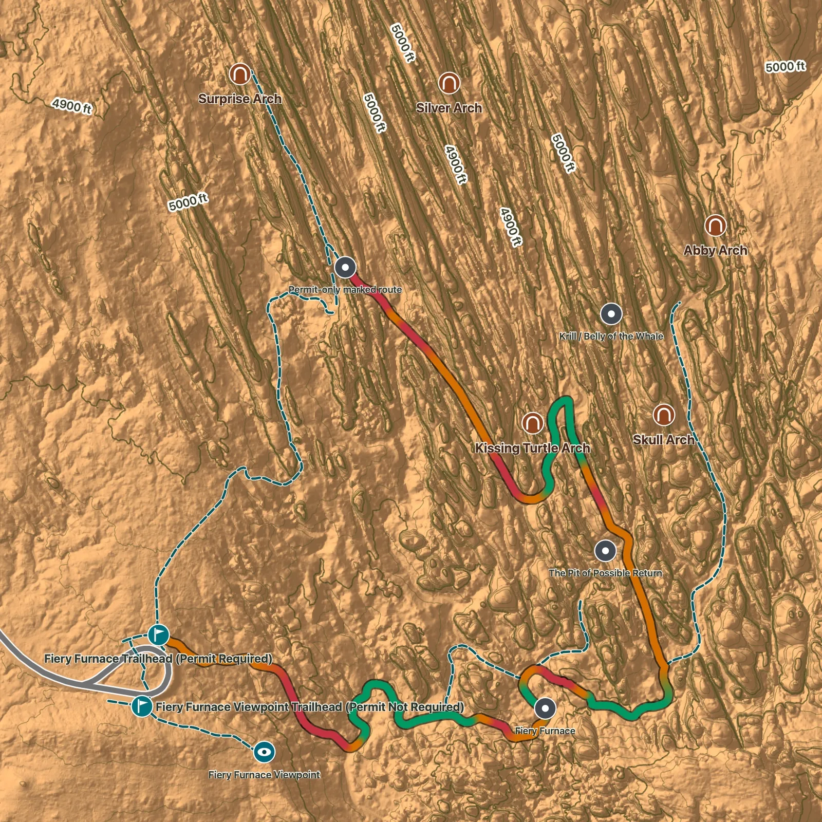 Permit-only orientation terrain map for Fiery Furnace