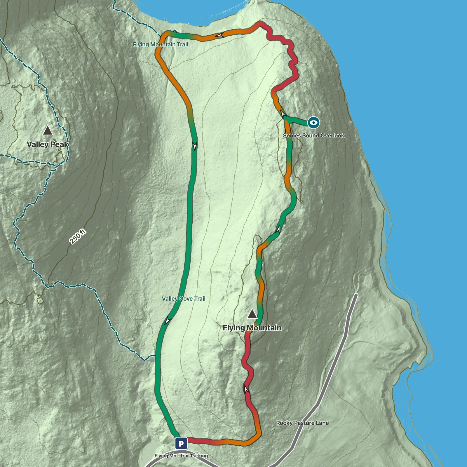 Terrain map showing the Flying Mountain Trail route in Acadia National Park