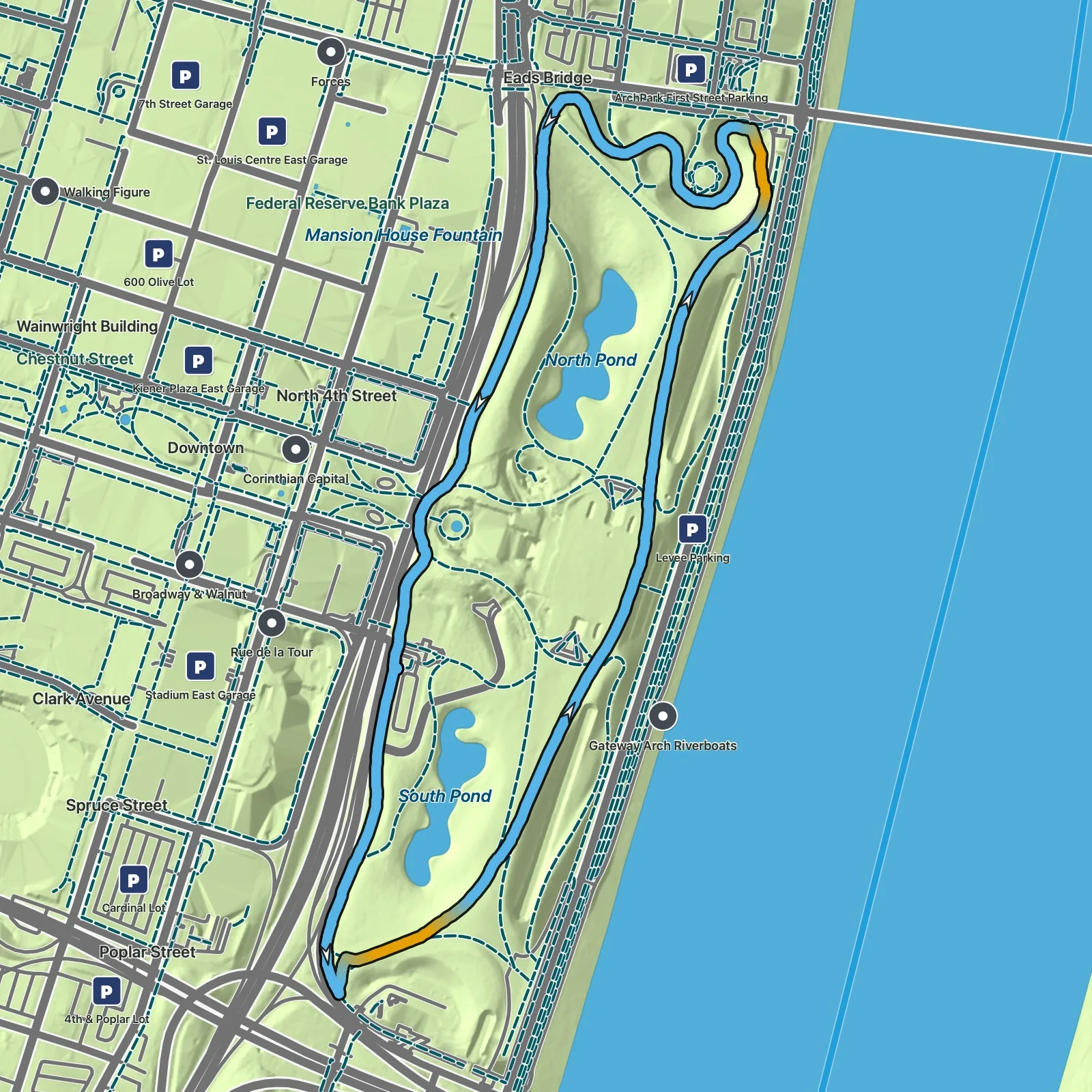 Terrain map of Gateway Arch Grounds and Riverfront Loop in Gateway Arch National Park