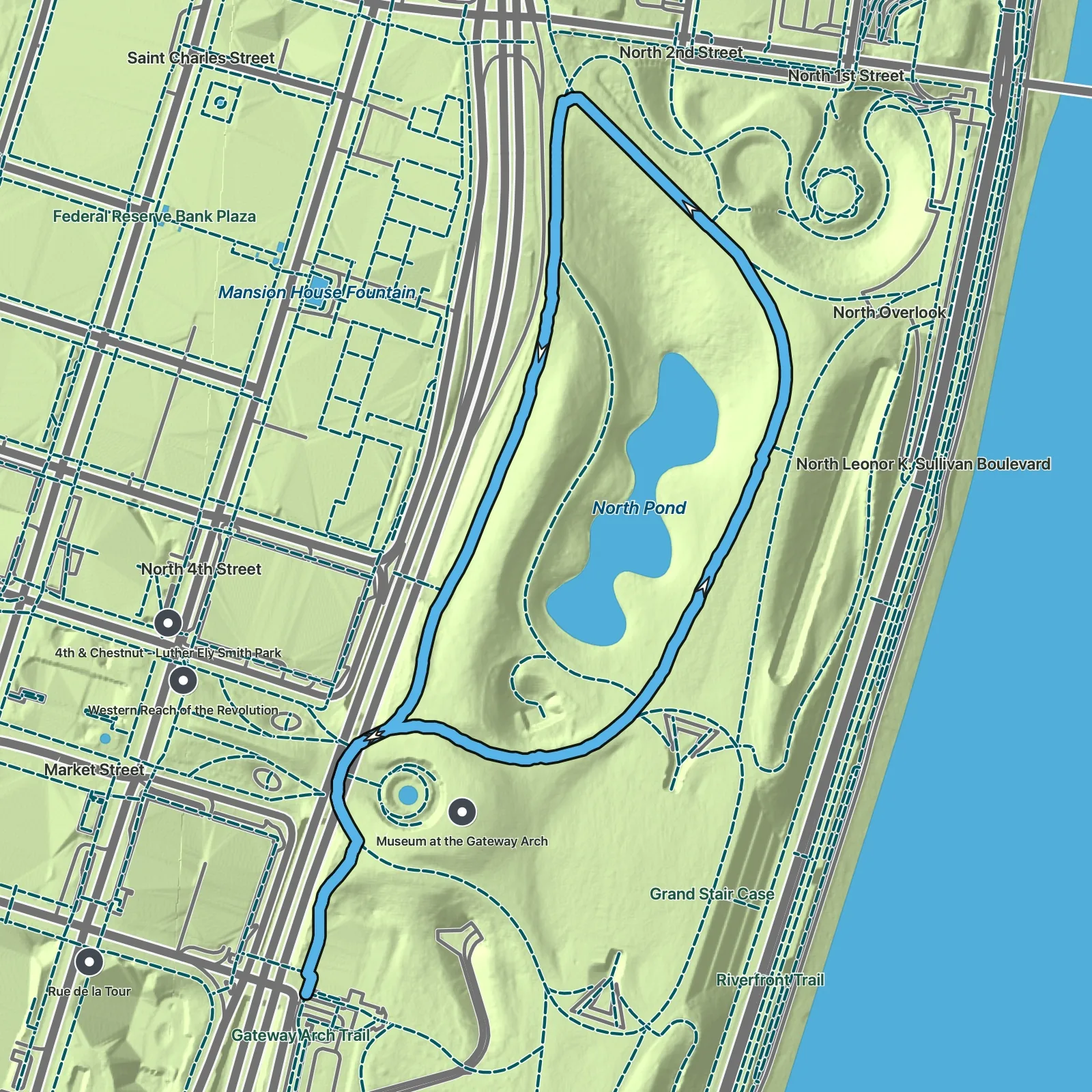 Terrain map of North Pond Loop in Gateway Arch National Park